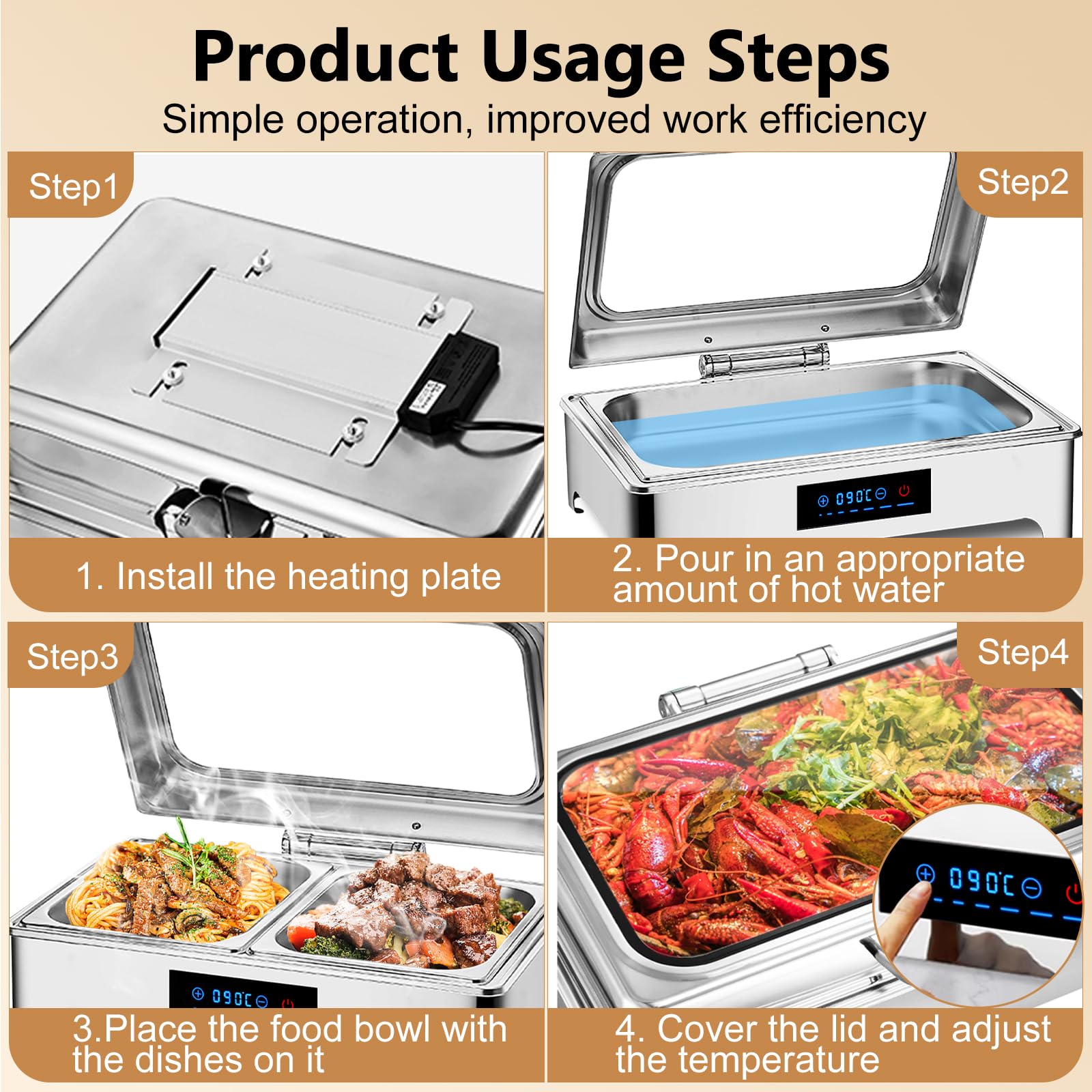 9L Chafing Dish Buffet, Scaldavivande Elettrico Professionale (1/3) | Scaldavivande Elettrico Buffet, Scalda Cibo per Buffet, Ristoranti, Hotel, Feste, Temperatura regolabile da 30-90 °C