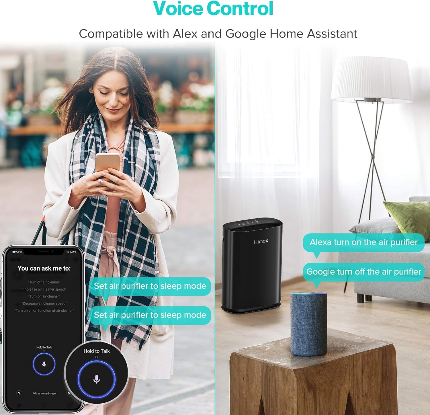 Woman using a smartphone to control the HIMOX H05 air purifier via voice commands with Alexa and Google Home devices.