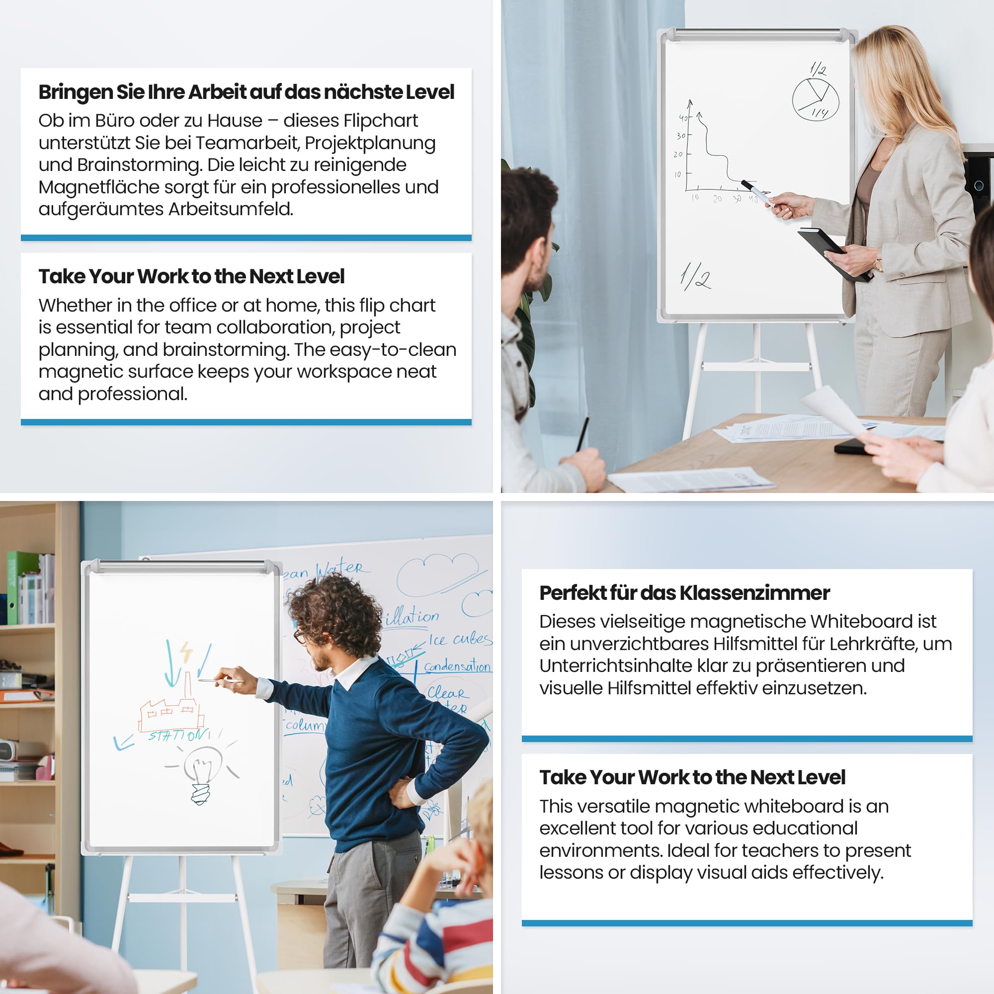 Jago® Chevalet de Conférence - avec Trépied Réglable en Hauteur, 60 x 90 cm, Magnétique, Effaçable, Incluant Marqueurs, Aimants, Papiers, Éponge - Paperboard, Tableau Magnétique Blanc