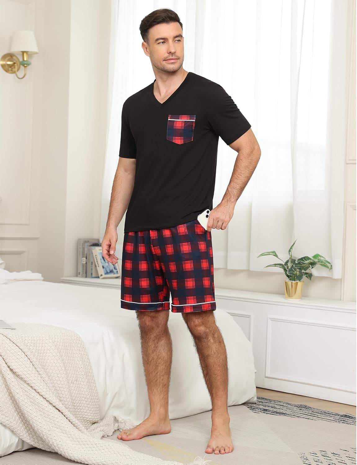 MoFiz Mens Pajama Set Summer Pjs Sleepwear Nightwear Lightweight Quick Dry Soft Short Sleeve V-Neck Pjs Sleep Set With Pocket - Image 3