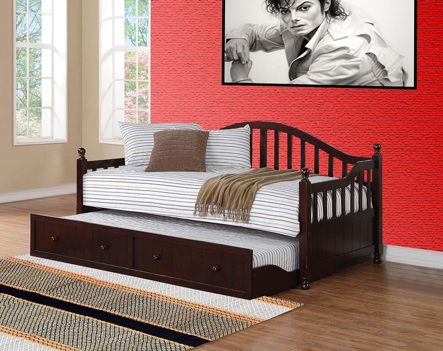 Drummo Sheesham Wood Daybed with Trundle Bed (Rosewood - Mahogany)
