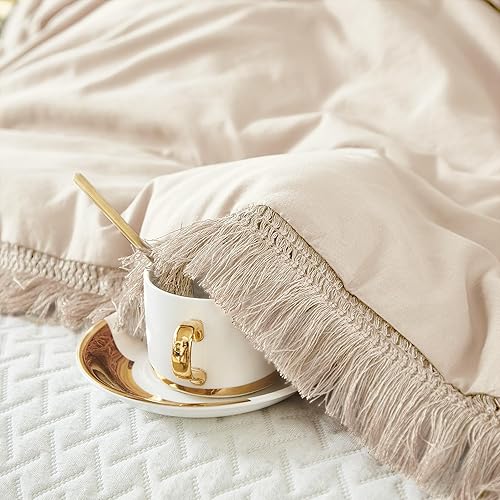 Miniatura 3 de Litanika Juego de edredón beige Queen de 3 piezas, edredón ligero con borlas bohemias crema, para todas las estaciones, juego de edredón de color