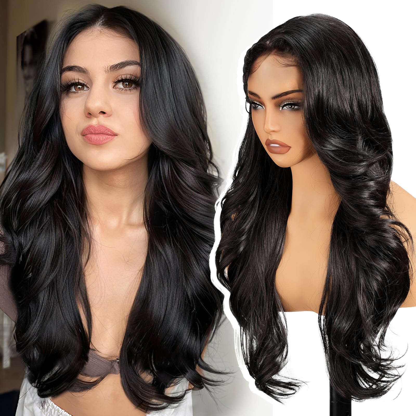 KOME Black Layered Wave 13×4 Synthetic Lace Front Wig for Women 26IN
