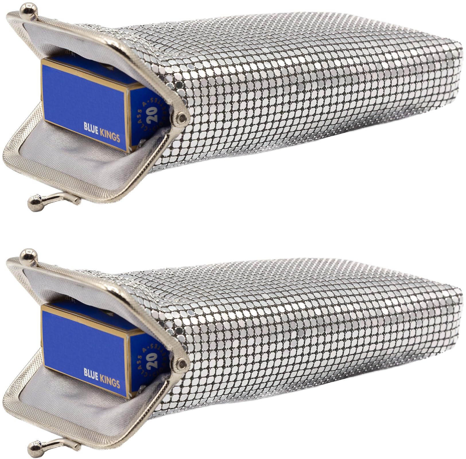Set of 2 Vintage Soft Metallic Mesh Long Cigarette Case Purses with Lighter Pocket (4mm, Black Silver Gold)