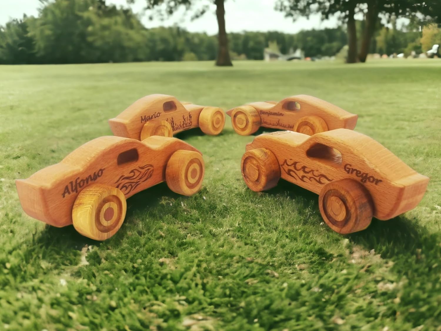 Personalized 4 pcs Wooden Toy Cars For Toddlers 1-3, Customizable Wooden Toy Cars Nursery Decor Montessori Toys For 1+ Year Old, Gifts For One Year Old Boys Push Car Rattle Toys, Birthday Gifts