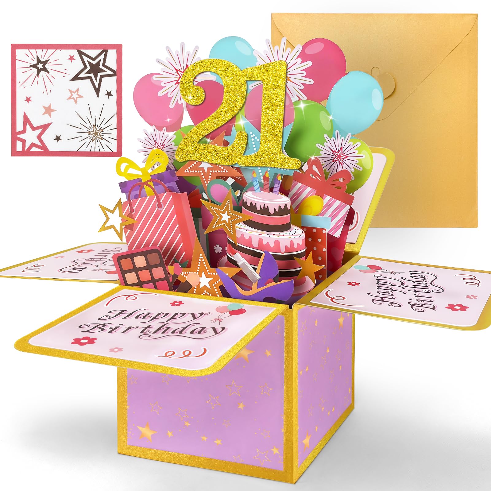 Hierein 21st Birthday Card, Pink Pop Up 21st Birthday Cards for Her, 3D Sweet Happy Birthday Card, Popup Gift Box Greeting Cards for 21 Year Old Daughter Granddaughter Sister Niece Gift Decoration