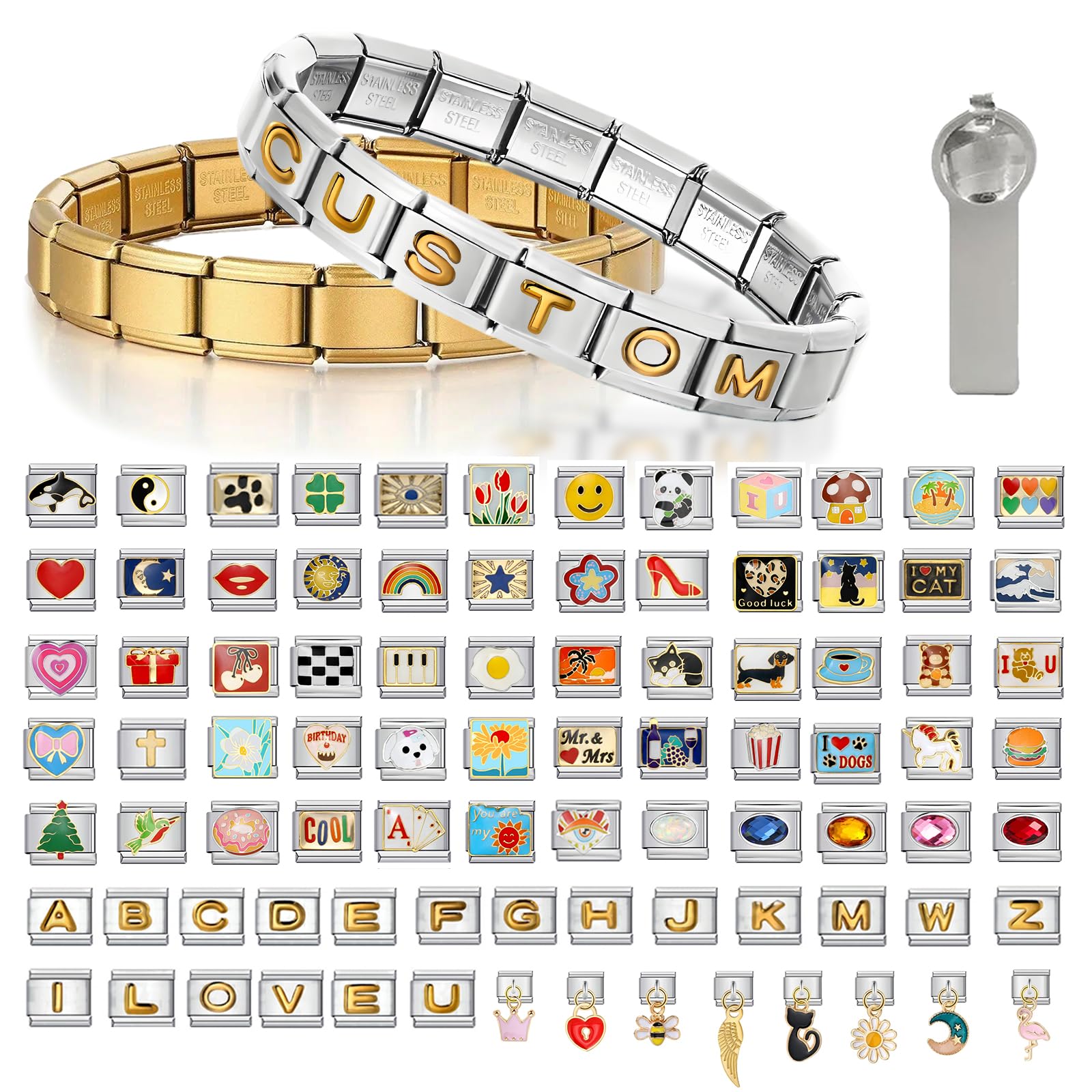 Custom Italian Charm Bracelet, 10/15/20 Personalized Charms in 100+ Designs, Stainless Steel Adjustable Link Bracelet with Tool, Customized Diy Gifts for Women/Men