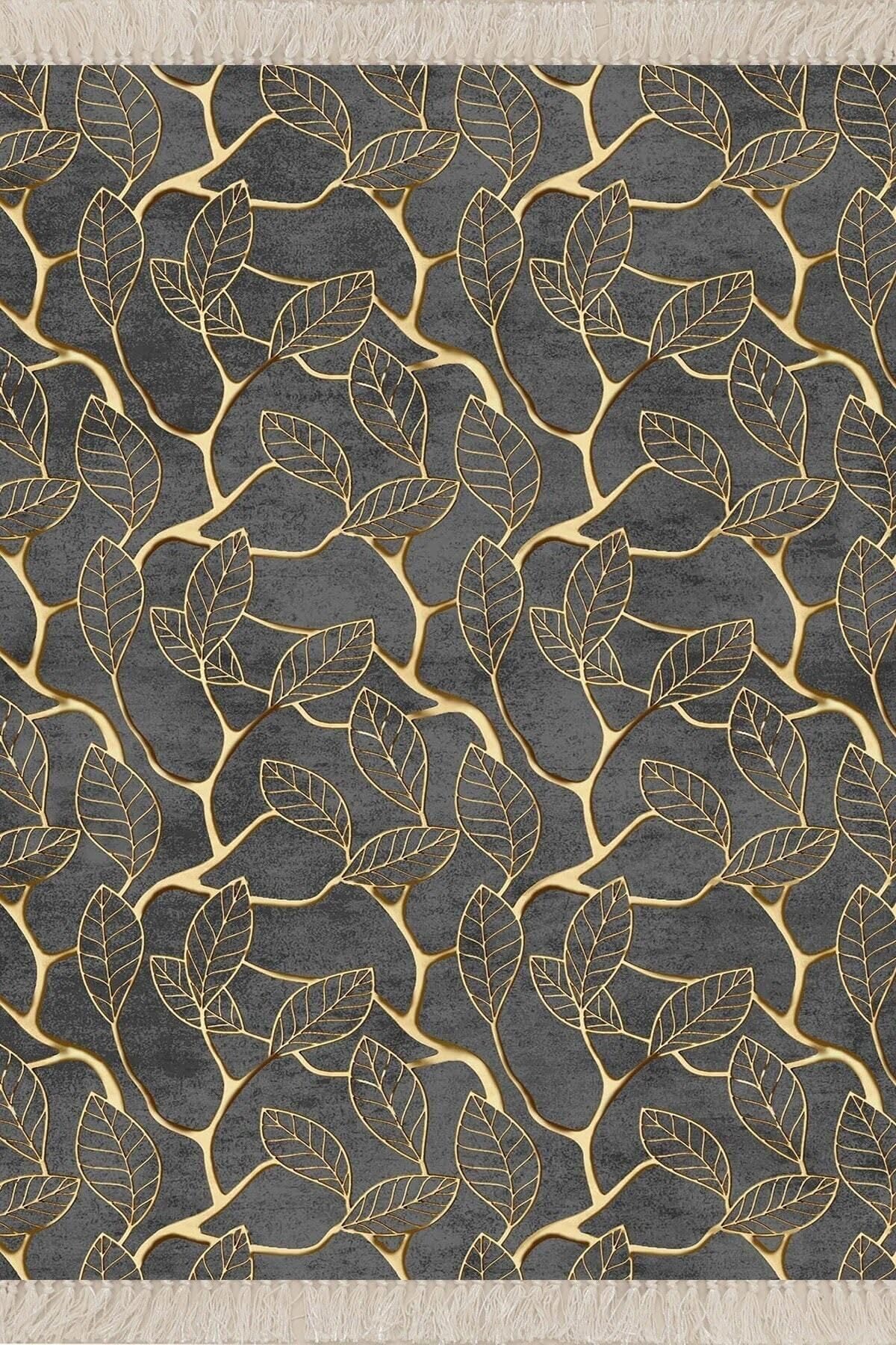 Pelangi Gold Yaprak Desenli Dijital Baskı Yıkanabilir Kaymaz Taban Klasik Salon Halısı Gri, Gri-Gold 180 x 180