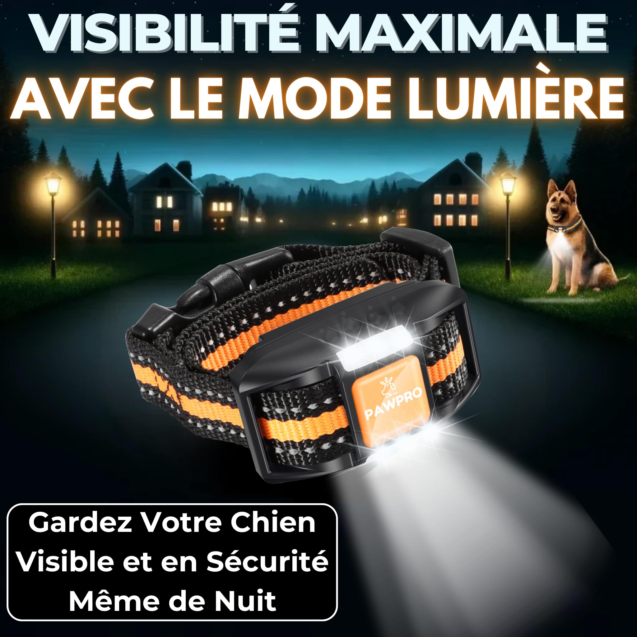 PAWPRO Collier de Dressage, Portée de 3km, Mode Lumière Nocturne, Guide de Dressage Inclus, 124 Niveaux d’Entraînement, BIP Vibration Choc, Adapté à Tous Les Chiens, Étanche Rechargeable, Marque FR