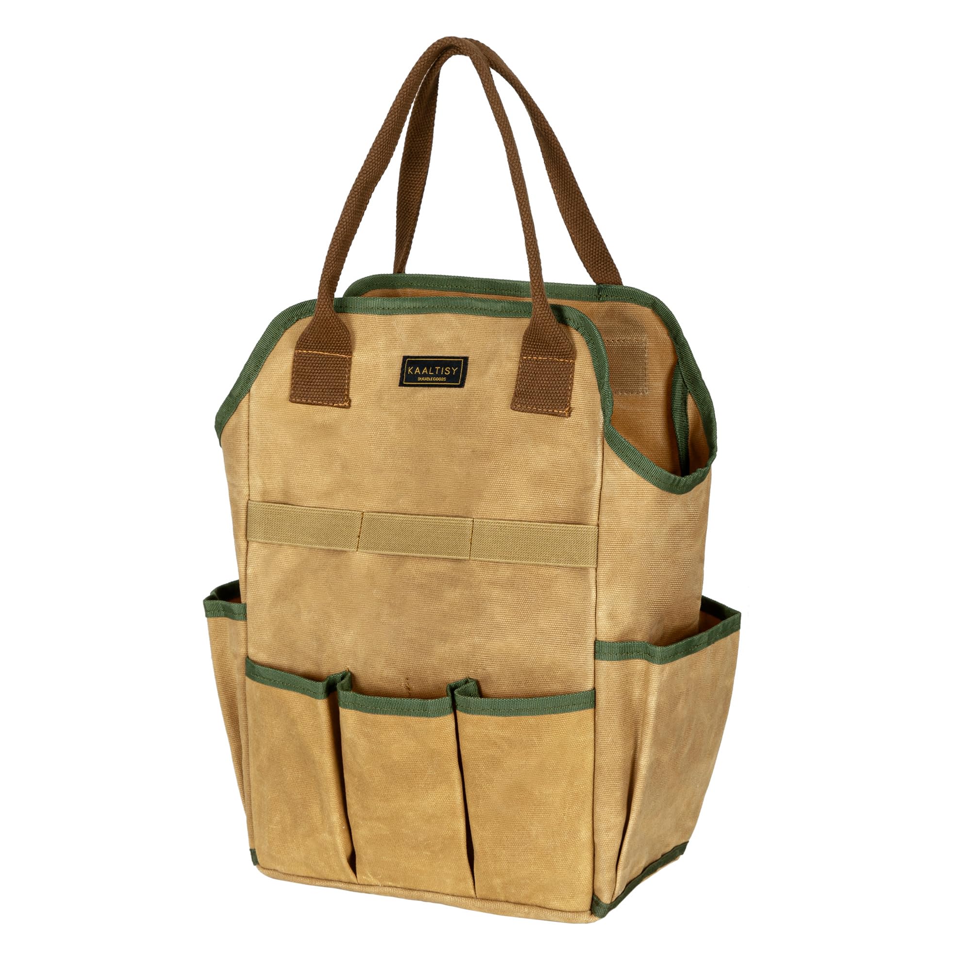 Canvas Tool Bag, 16OZ Waxed Canvas Garden Tool Tote - with 3 Inner Slots + 8 Outer Pockets + Portable Top Handle, Gardening Tool Storage Bag for Gardener Florist Workshop - Khaki