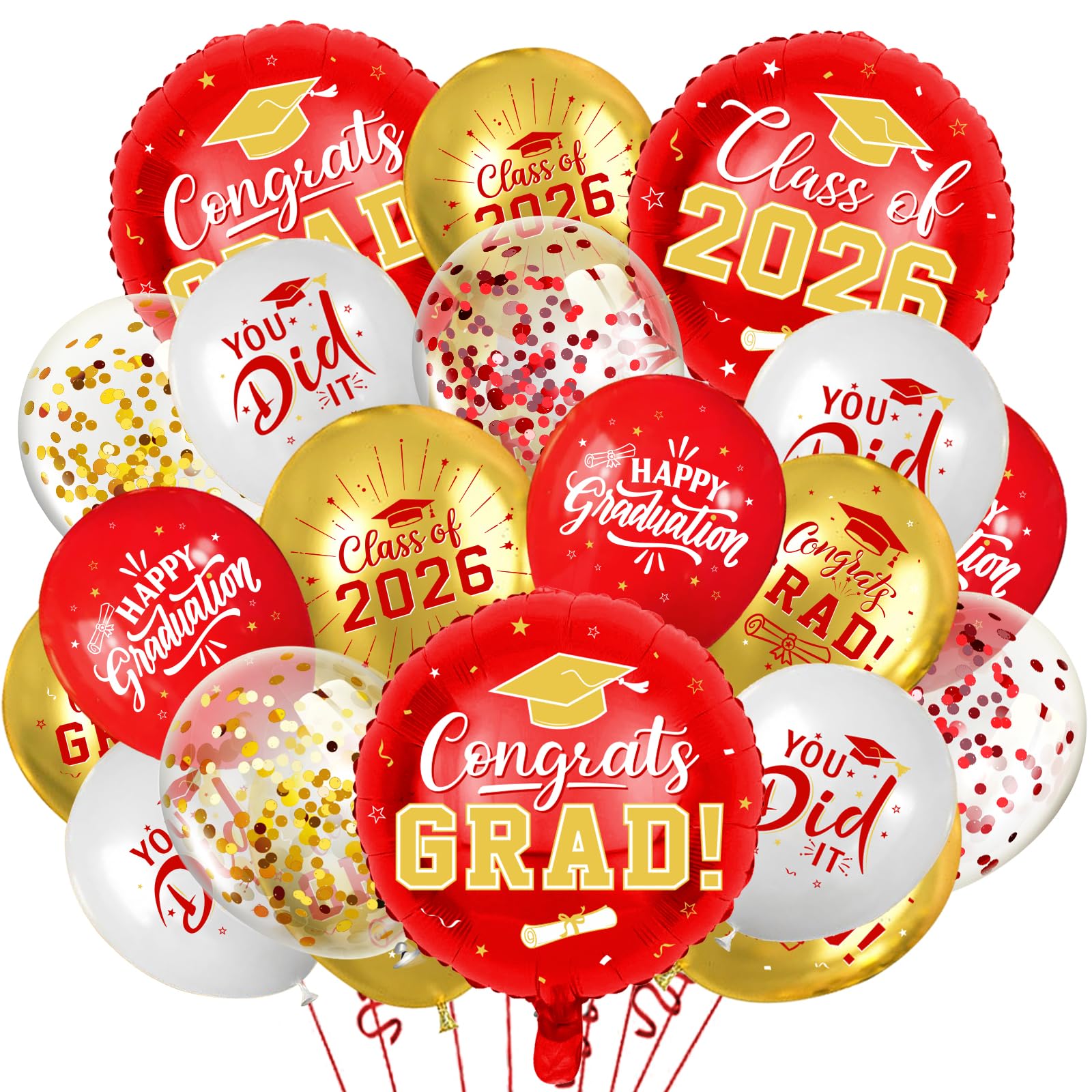 Red and Gold Graduation Balloons Graduation Decorations 2026, 51Pcs Grad Latex Balloons and Grad Foil Balloon with Confetti Ribbons Grad Party Decorations for College High School