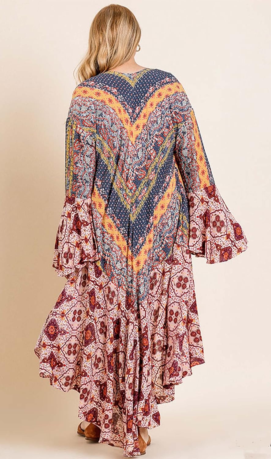 Umgee Womens Ruffled Long Body Kimono with a Multicolored Print
