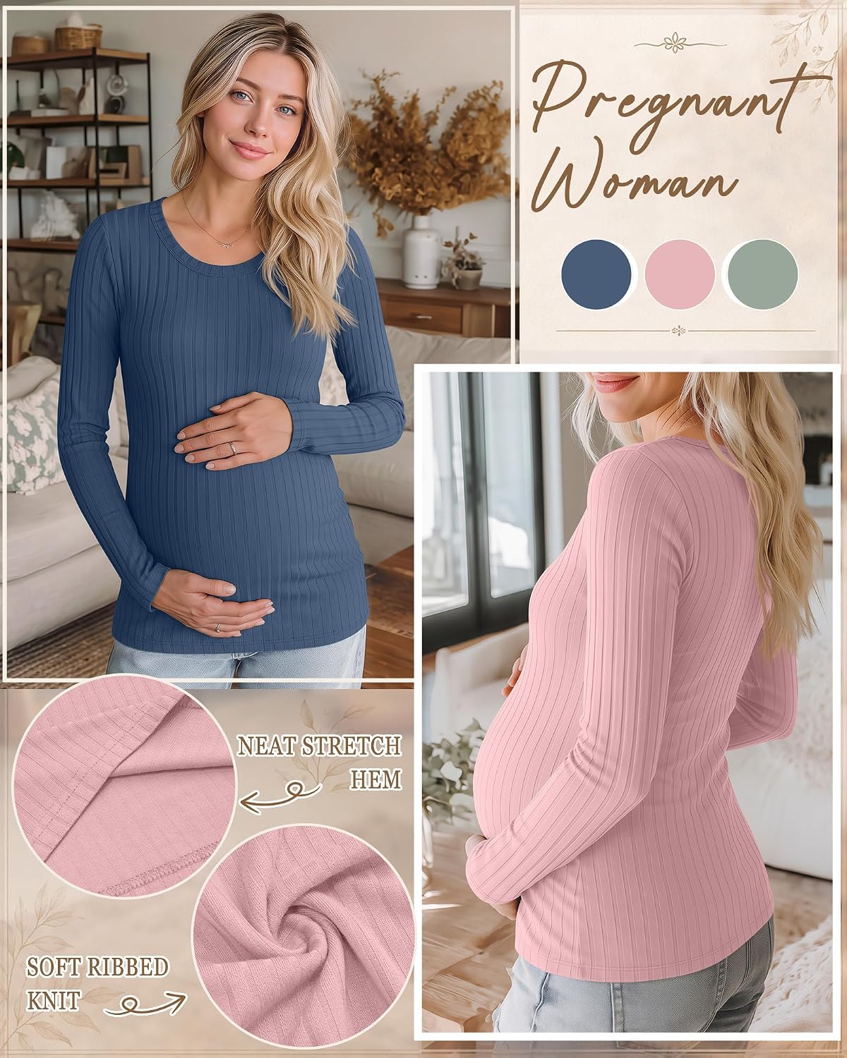 3 Pack Women's Ribbed Maternity Long Sleeve Shirts