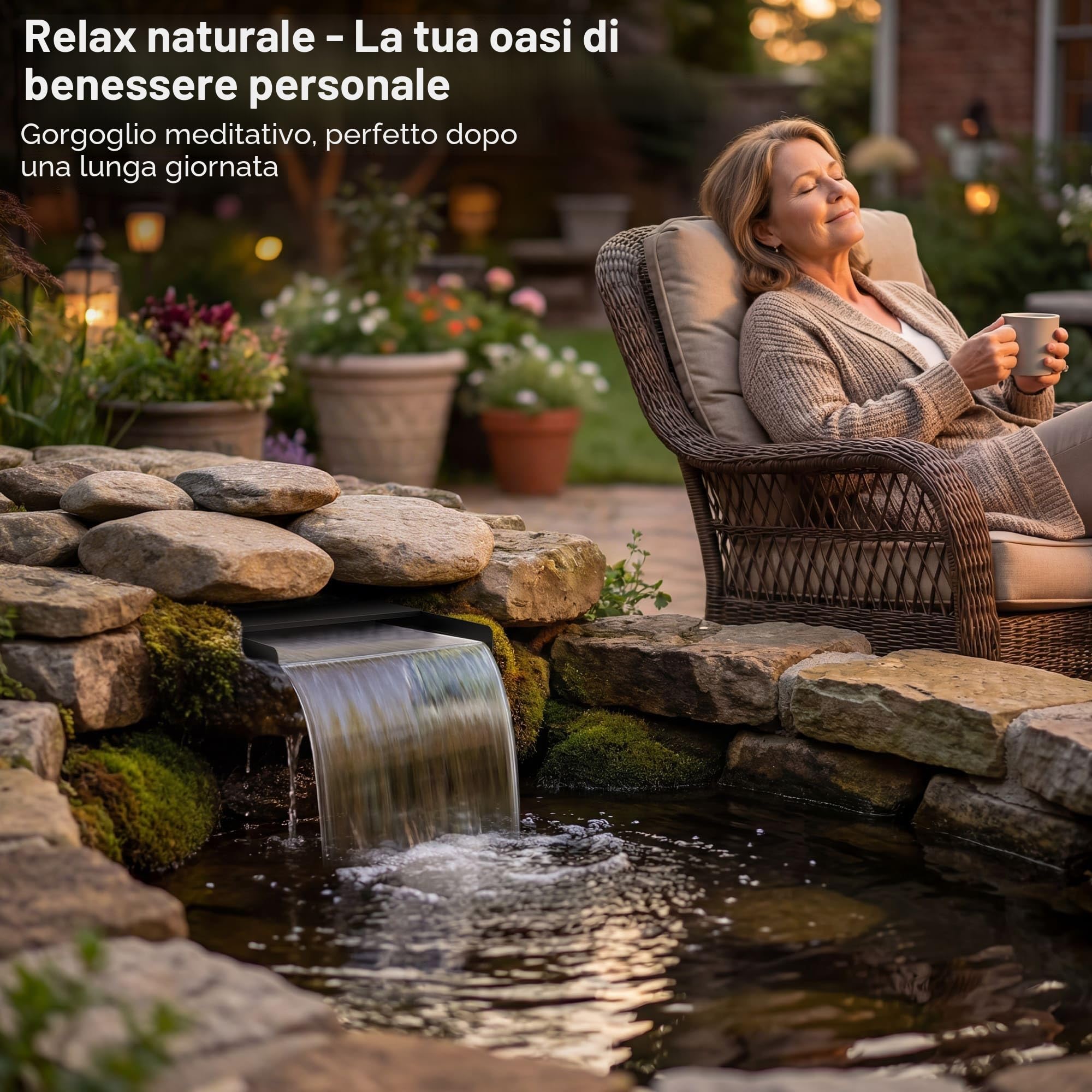 Biling Kit di cascata con sistema di filtrazione, pompa per bacino silenzioso 2500L/H e scarico in acciaio inossidabile da 20 cm con coperchio, portata regolabile per torrente e decorazione da
