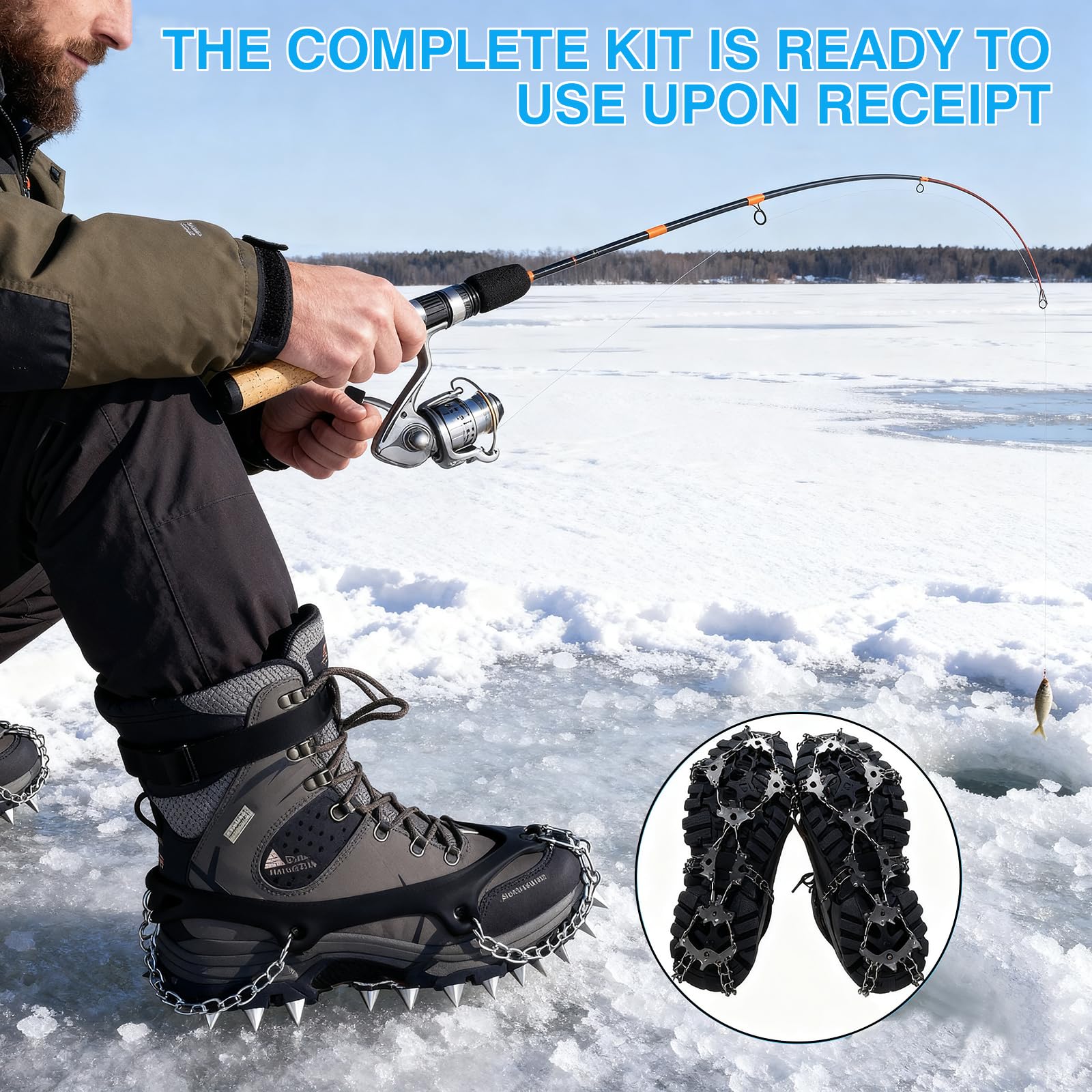 Hikary Eisangelrute und Rolle Combo Set Carbon Tragbares Komplettset mit Tackle Bag Ice Jigs Ice Cleats Spinnrollen Schnur Köder Haken Geeignet für Anfänger Winter