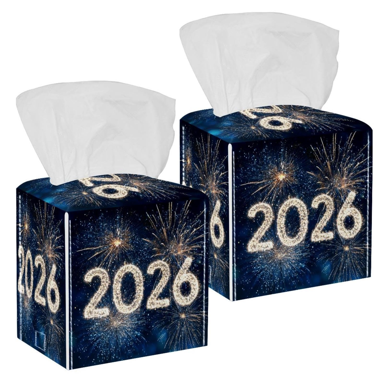 2 Pack Happy 2026 Tissue Box Cover Holder Square Tissue Foldable Cube Cover PU Leather Tissue Organizer with Bottom Belt for Bathroom, Tabletop, Car, Night Stands, Office
