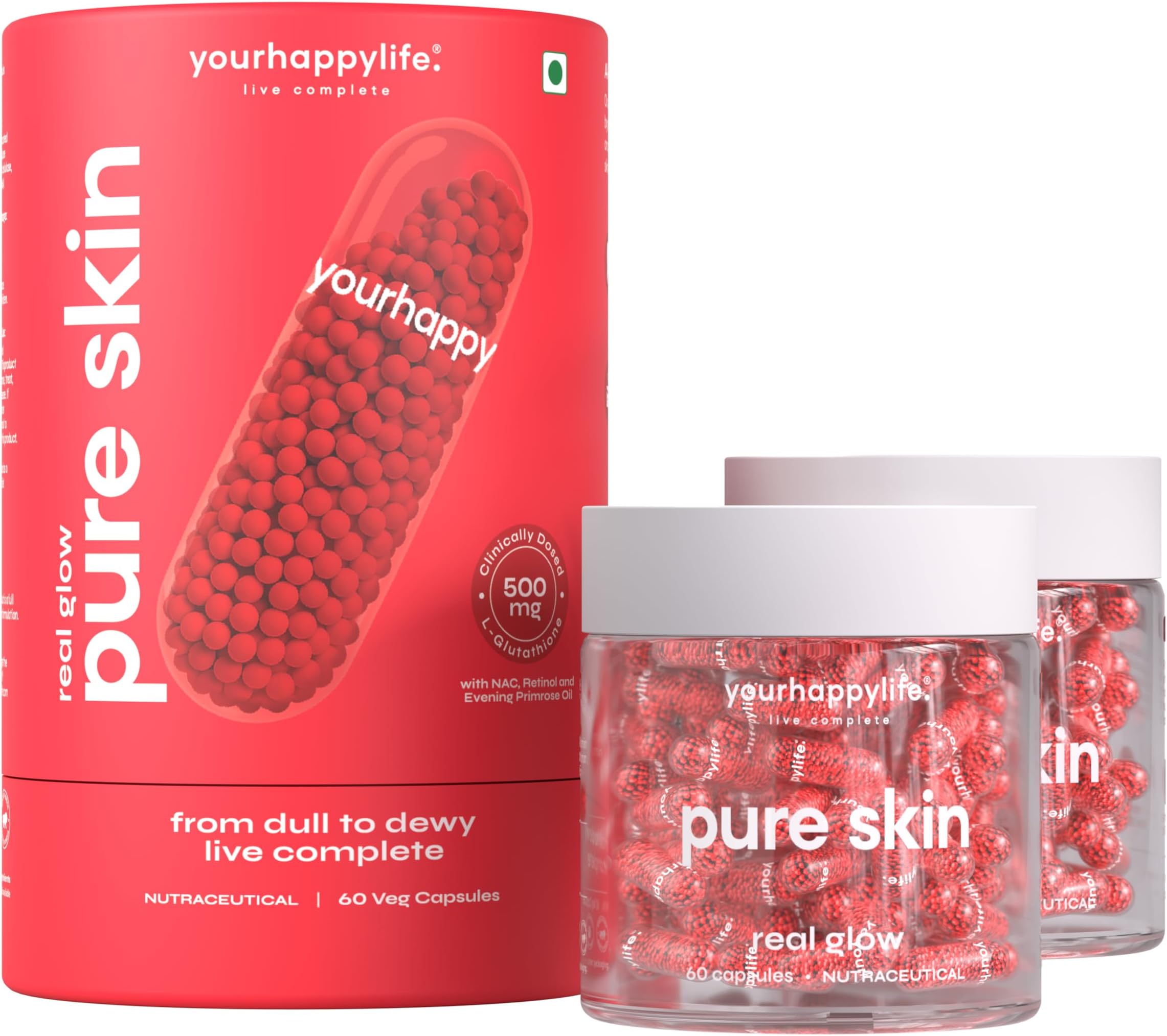 YourHappyLife Advanced L-Glutathione Glow-Up Skin Capsules with NAC for Brighter Clearer Skin & Pigmentation| with Retinol & Niacinamide (Pack of 2 x 60 capsules)