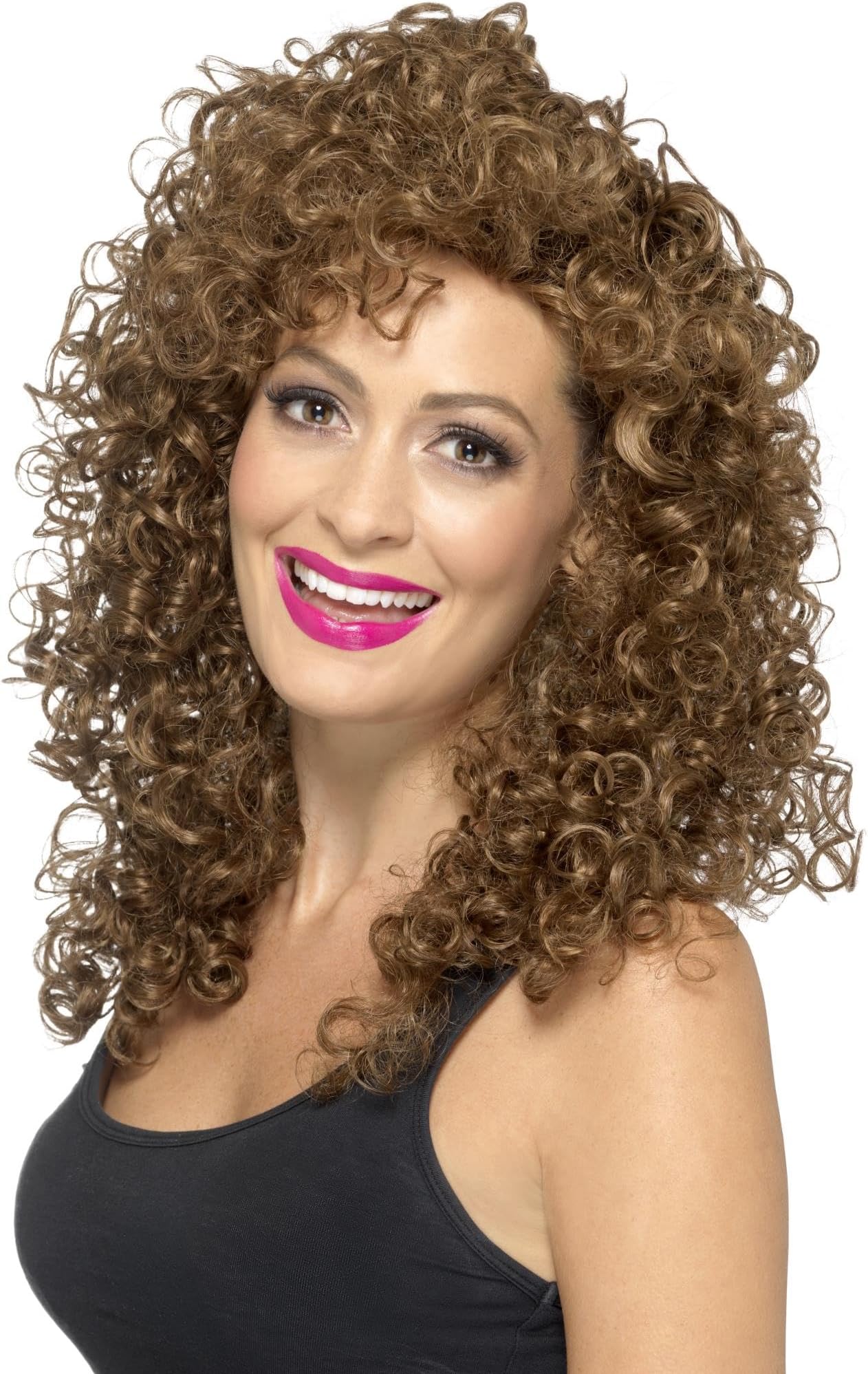 Smiffys Boogie Babe Wig, Brown Long, Curly, 1980's Fancy Dress, Adult Dress Up Wigs Halloween