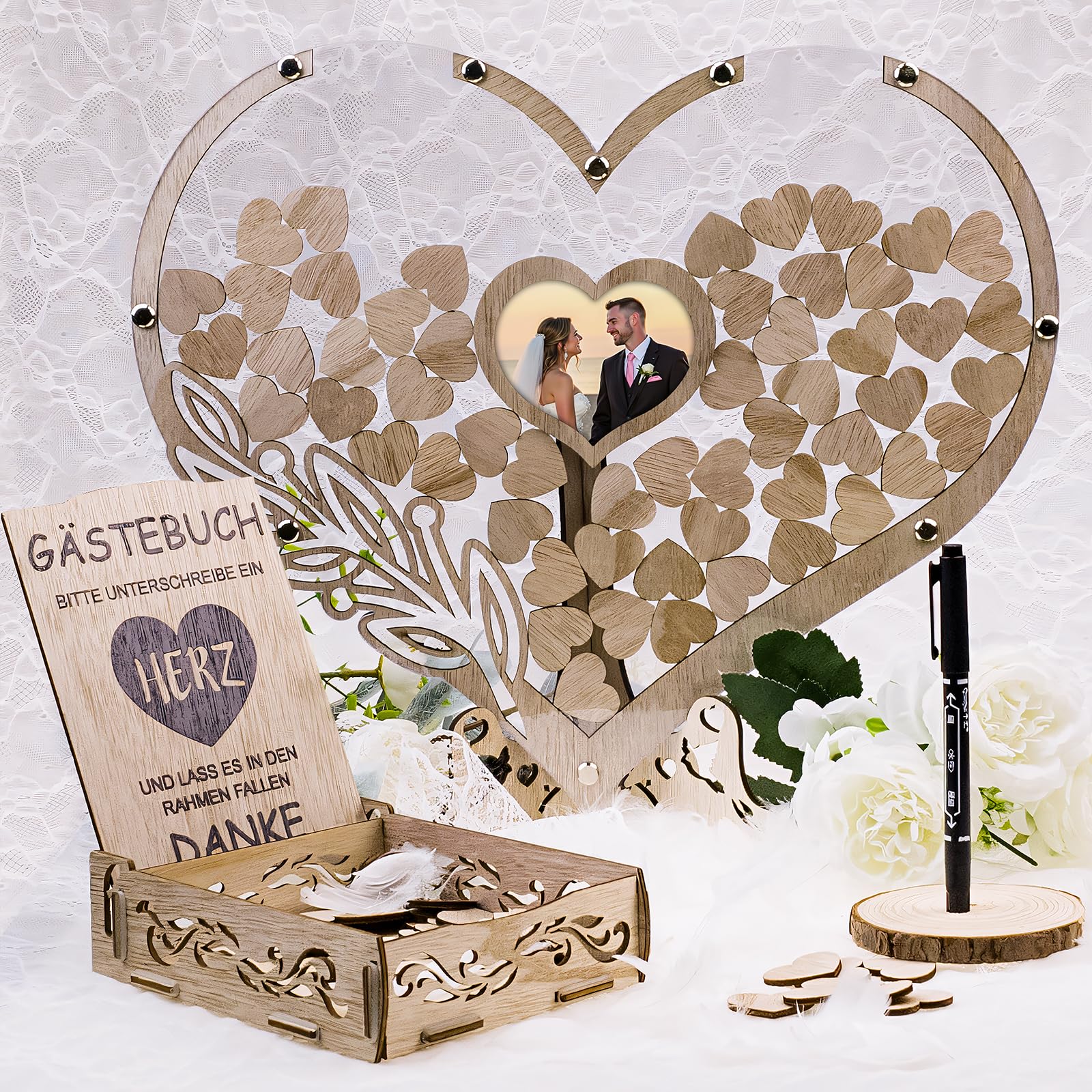Gästebuch Hochzeit Holz,Gästebuch Hochzeit,Hochzeitsgästebuch mit 100 Holzherzen für Hochzeitsfeiern und Geburtstage, personalisierte Hochzeitsdekoration mit Gäste-Anmeldefeld und Herzrahmen für Fotos