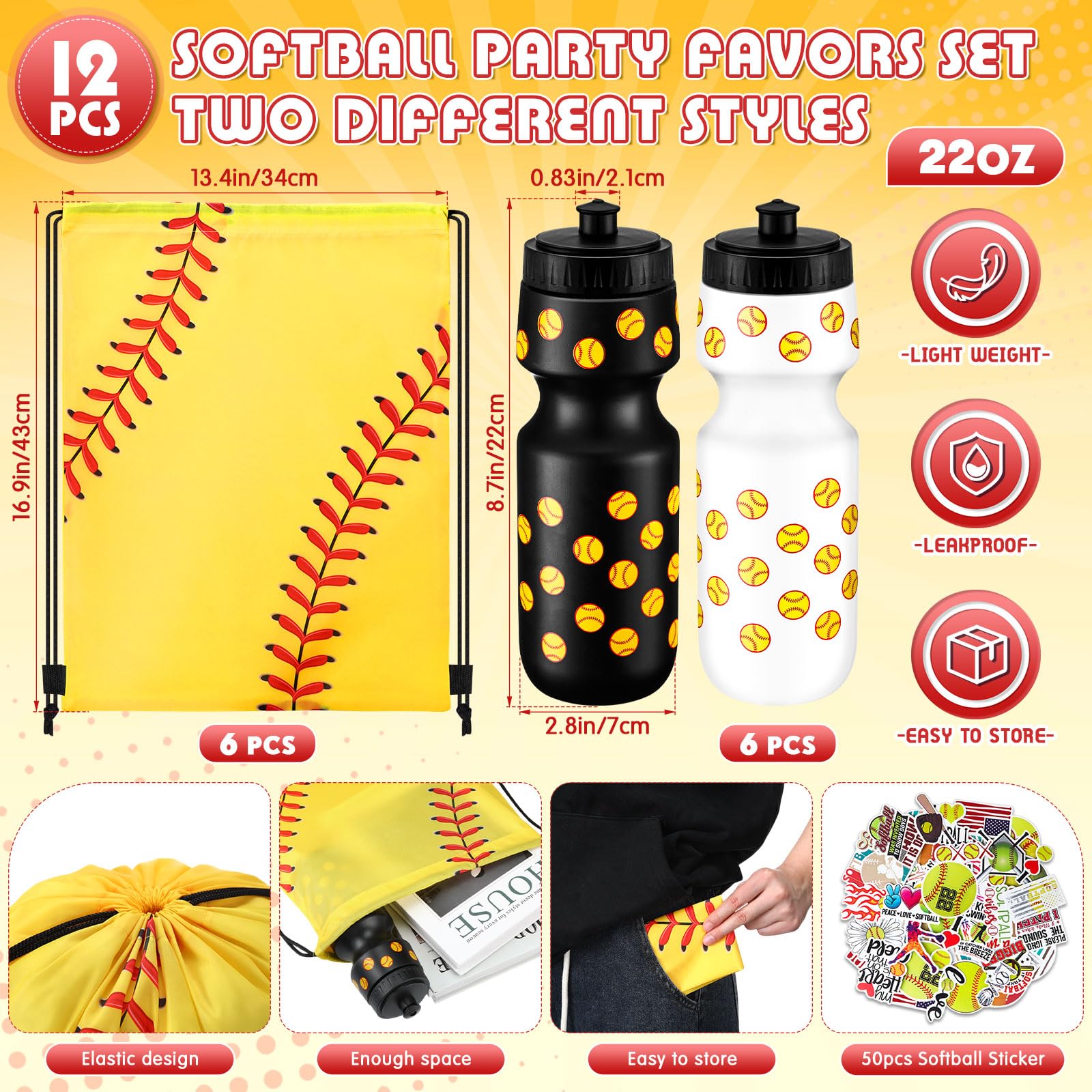 Skybooly 12 Pcs 24 Oz Softball Water Bottle Bulk Drawstring Bag and 50 Sticker Set Include 6 Softball Theme Squeeze Water Bottle 6 Drawstring Backpack for Team Gifts Sport Events Party Favors