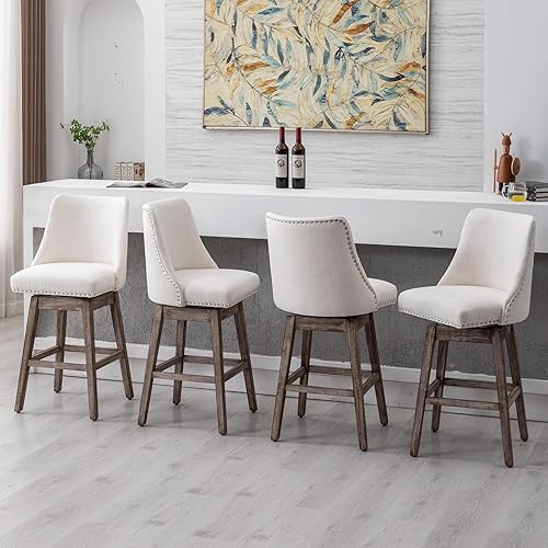 Miniatura 3 de Janoray Juego de 2 taburetes de bar de altura de mostrador, de tela de lino, modernos de mediados de siglo, con respaldo y patas de madera, cómodas