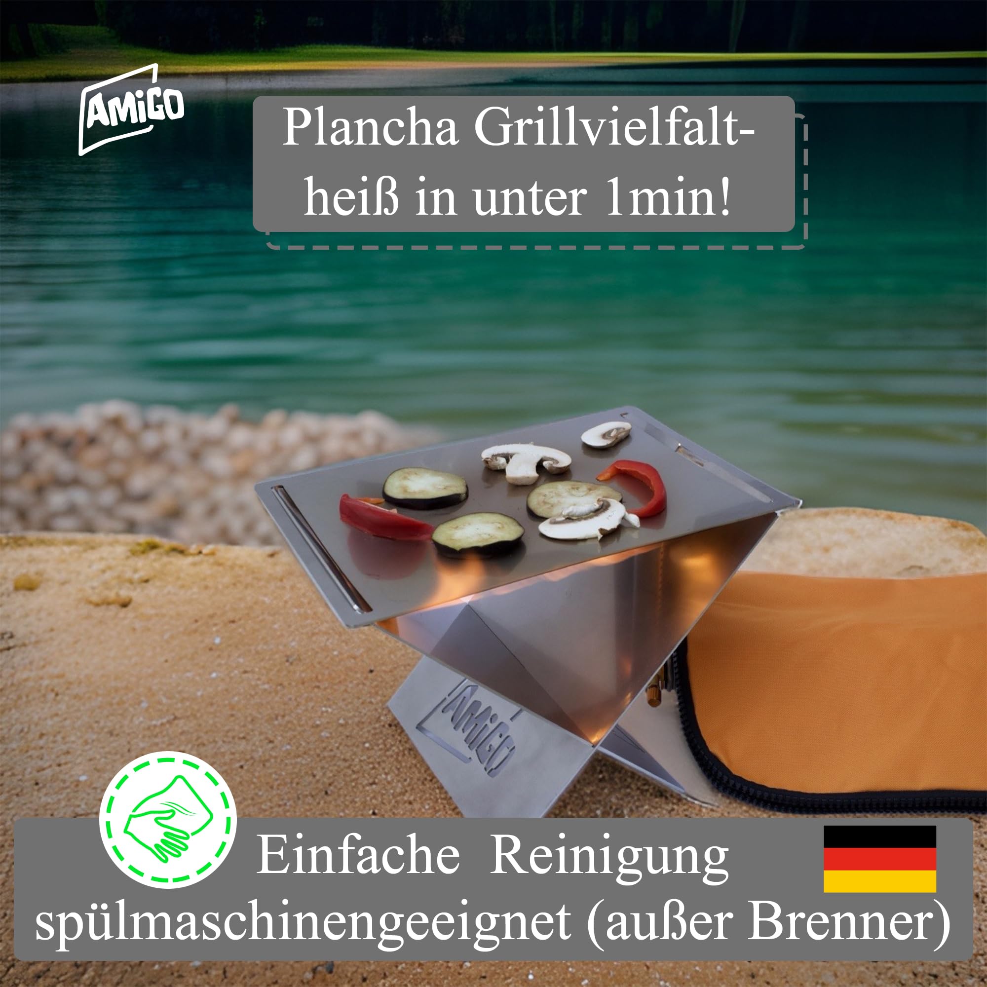 Amigo mobiler Camping Gasgrill klein & klappbar I mini Camping Grill mit Plancha inkl Trage-Tasche I perfekt für Outdoor-Fans, Camper, Balkon I Klappgrill Tischgrill made in Germany
