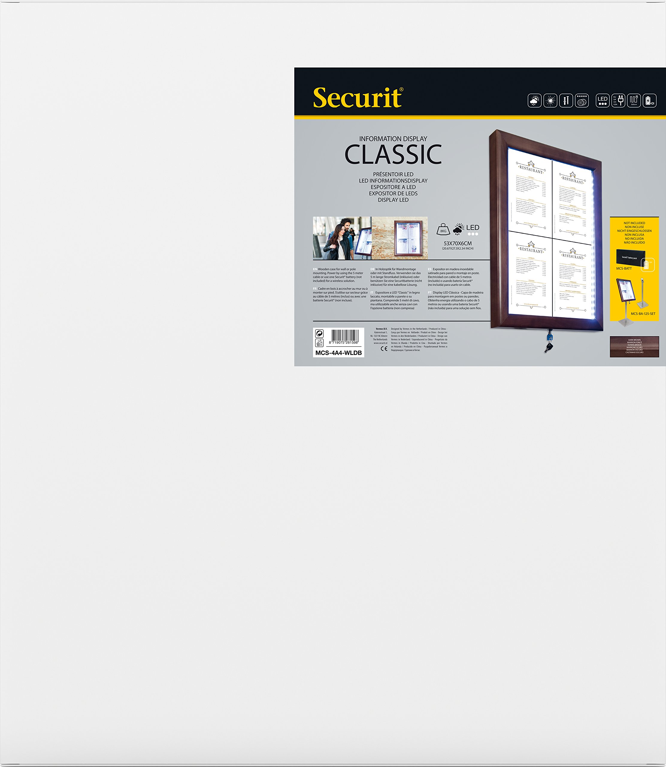 SECURIT - Pizarra LED Classic cristal pantalla de información - 4 x A4 (A2) | 68,5 x 53 x 5,5 cm, marco de Marrón (mcs - 4 a4-wldb), color marrón