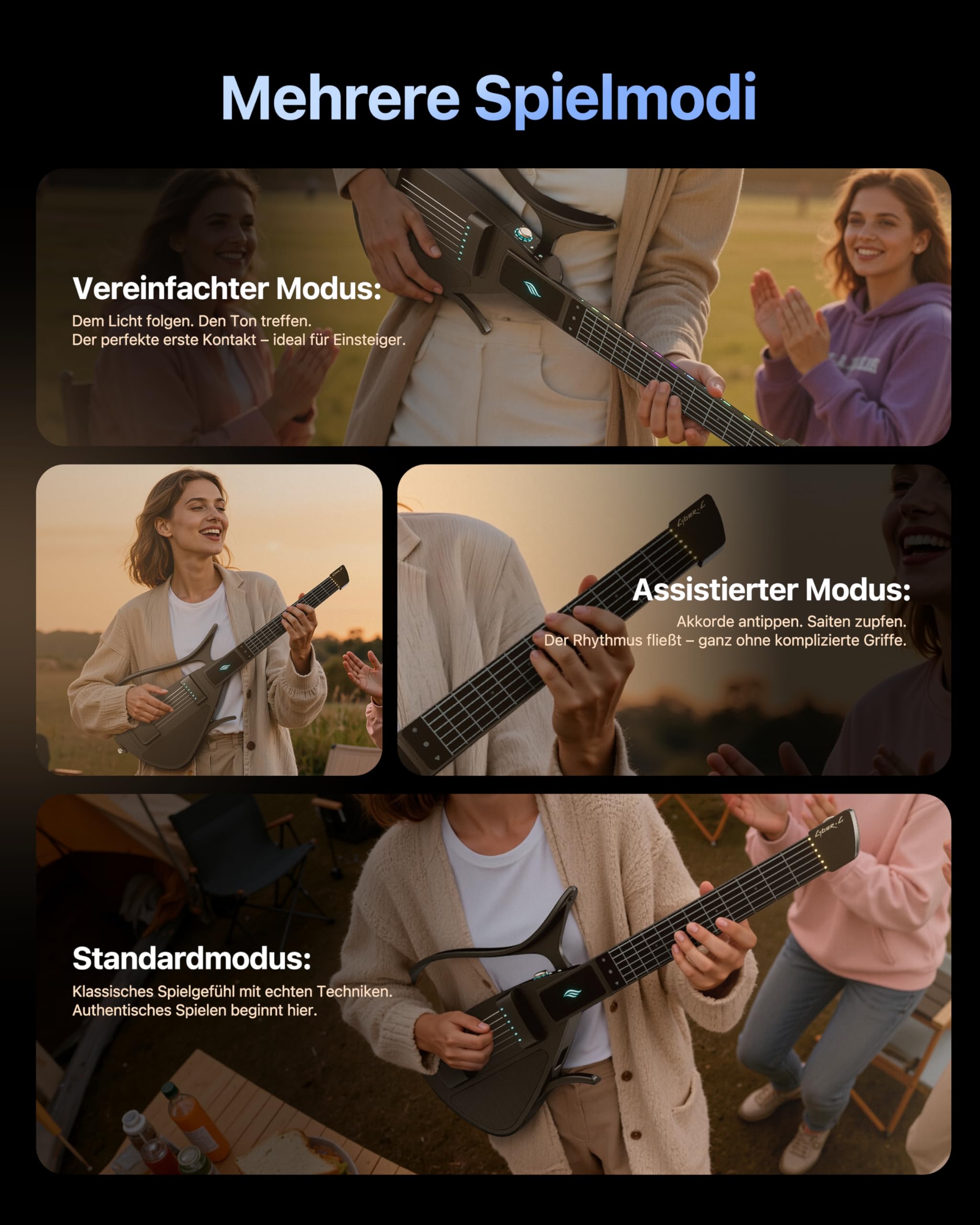 Enya CYBER-G Smart Gitarre – mit Silikonsaiten, 24 integrierten Sounds, schwarze leise Reise Anfänger Gitarre mit Lautsprecher, Drum-System, App & interaktiven Akkorden für Erwachsene & Teenager