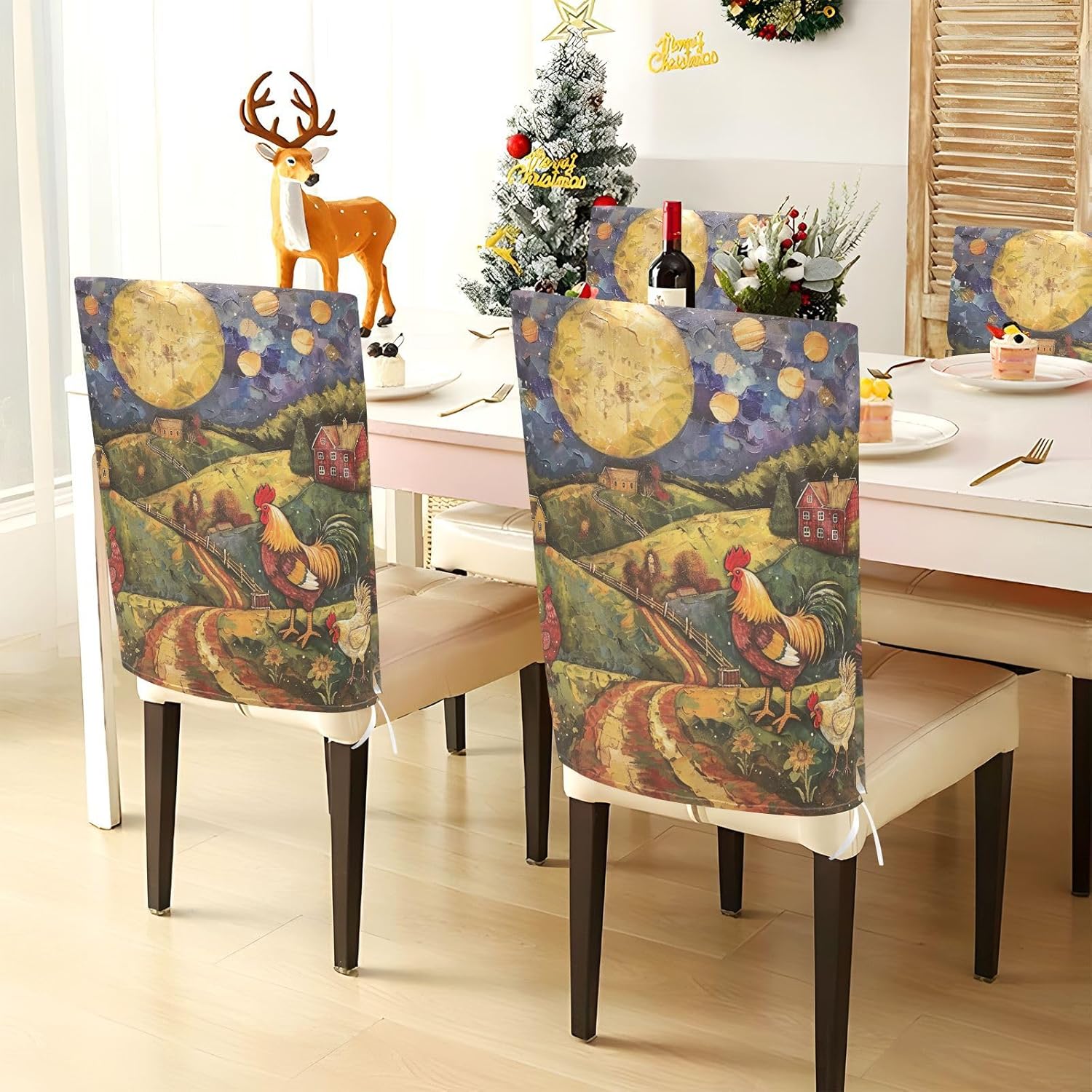 ALAZA Farm Rooster Sunflowers Chair Back Cover Set of 6, Washable Reusable Removable Chair Slipcovers Decorative Chair Cover for Home Kitchen Wedding Party