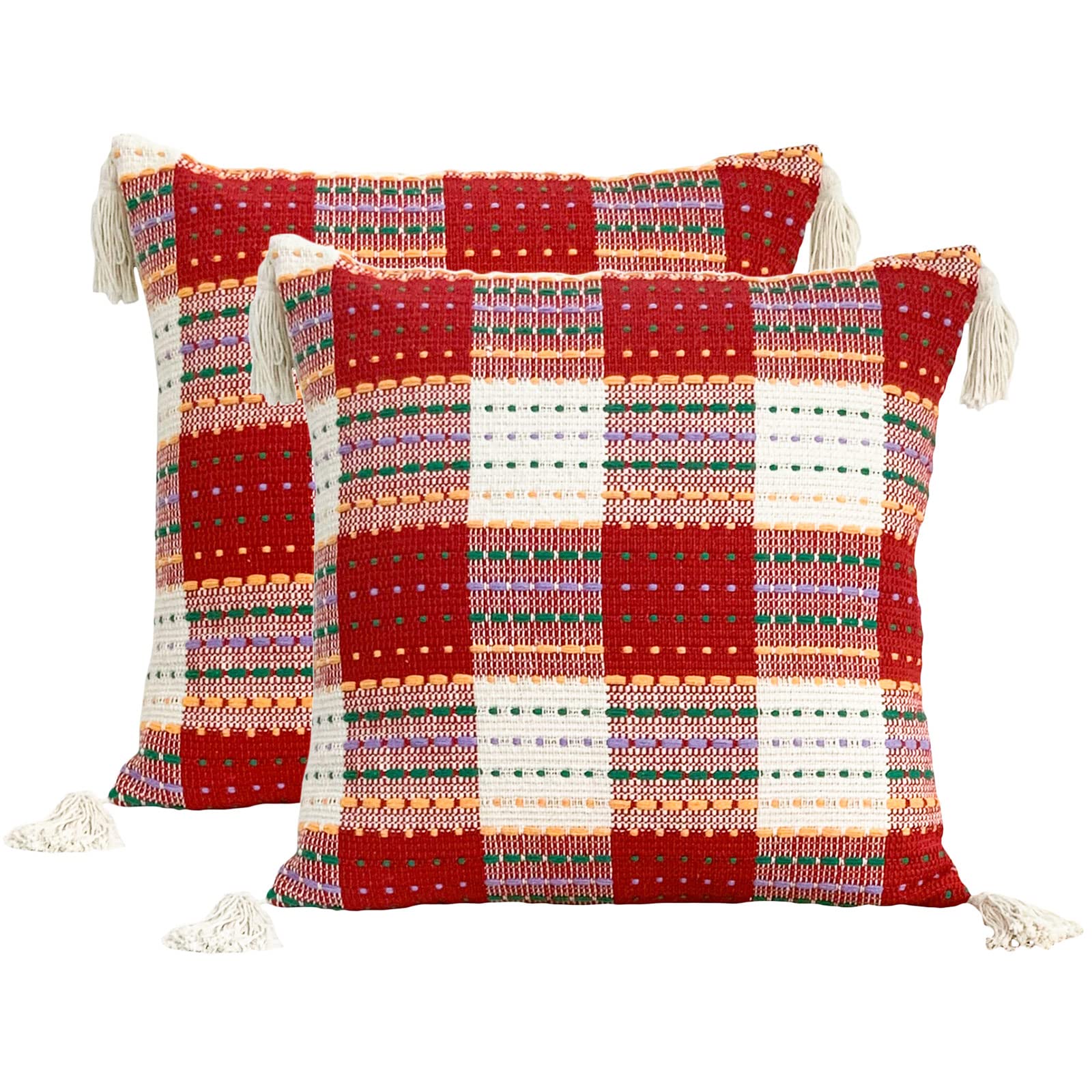 Zealax Farmhouse Pillow Covers 18x18 Boho Throw Pillows for Bed Couch, Colorful Striped Woven Accent Decorative Pillow Cases Cushion Cover with Tassels, Set of 2