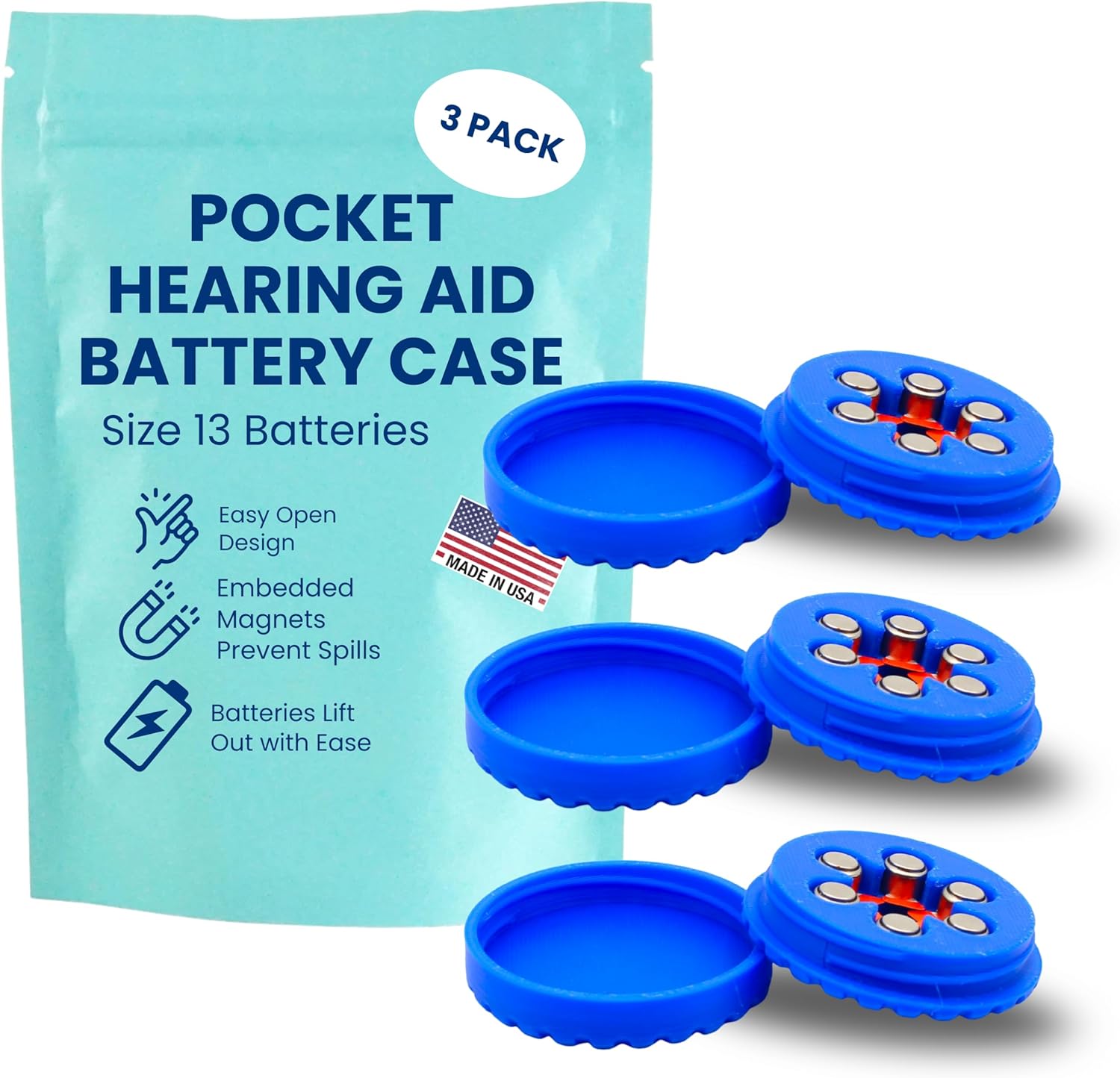 Pocket Hearing Aid Battery Case for Size 13 Batteries | Embedded Magnets for Secure and Easy Access | Custom Color Organizer | Slim Caddy for Pocket or Purse (Blue) (3 Pack)