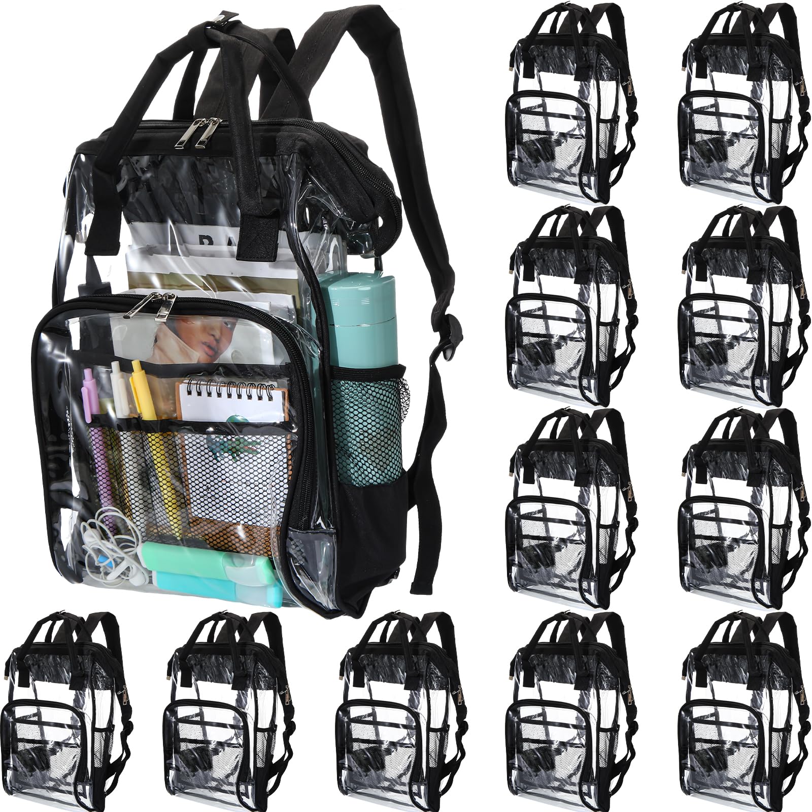 Clysee 12 Pack Heavy Duty Clear Backpacks Bulk, 15" Transparent Bookbags for School, Waterproof PVC Work Bag with Reinforced Straps (Black)