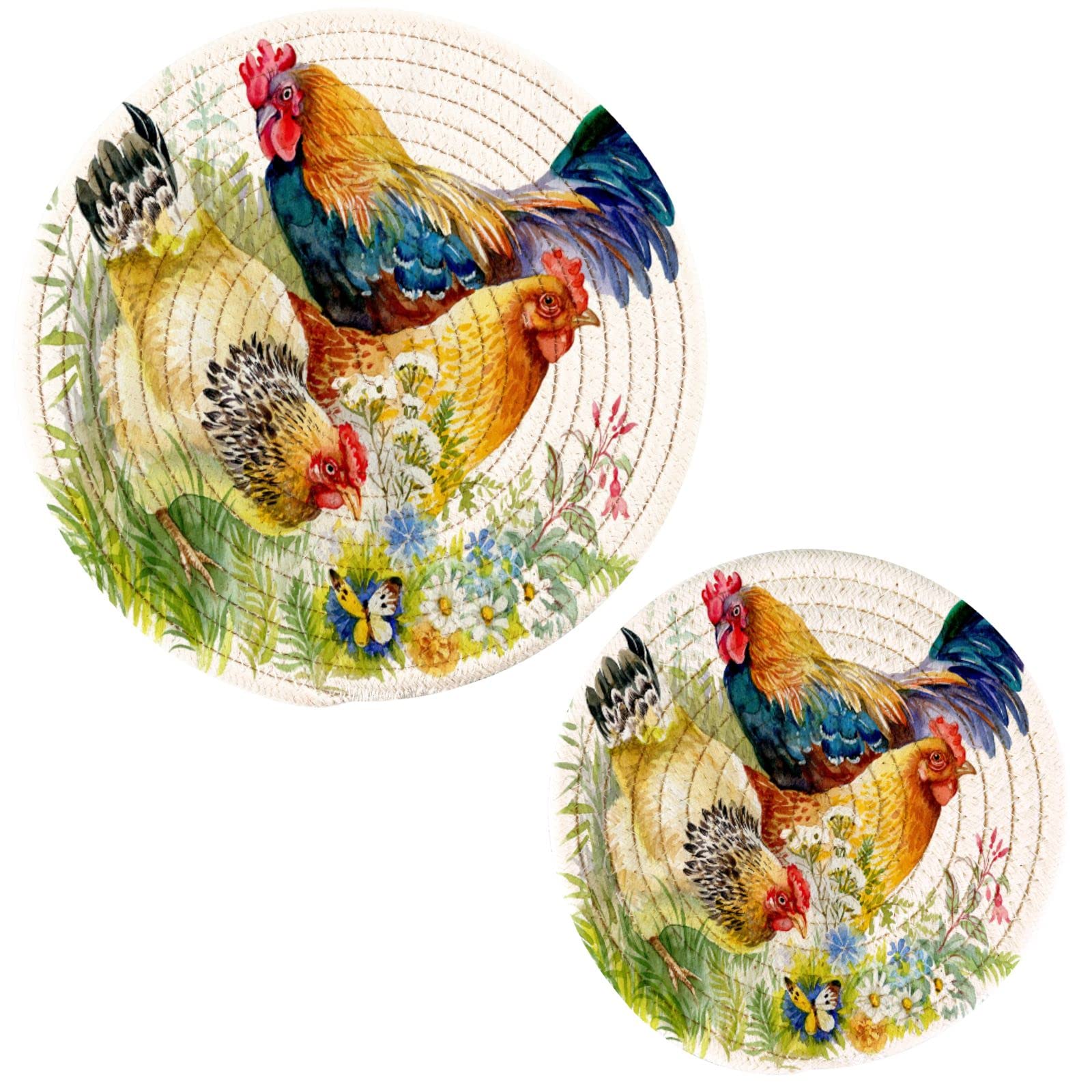 Naanle 2 Pack Chicken Rooster in Grass Round Cotton Woven Pot Holders Trivets Set, Heat Resistant Pad Mat for Kitchen Decor Cooking Supplies