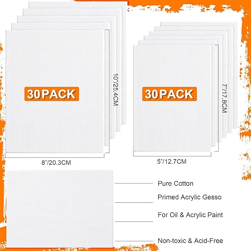Miniatura 2 de Qilery Paquete de 60 lienzos estirados para pintar de 5 x 7 pulgadas y 8 x 10 pulgadas (30 de cada uno) de algodón blanco blanco para niños, paneles