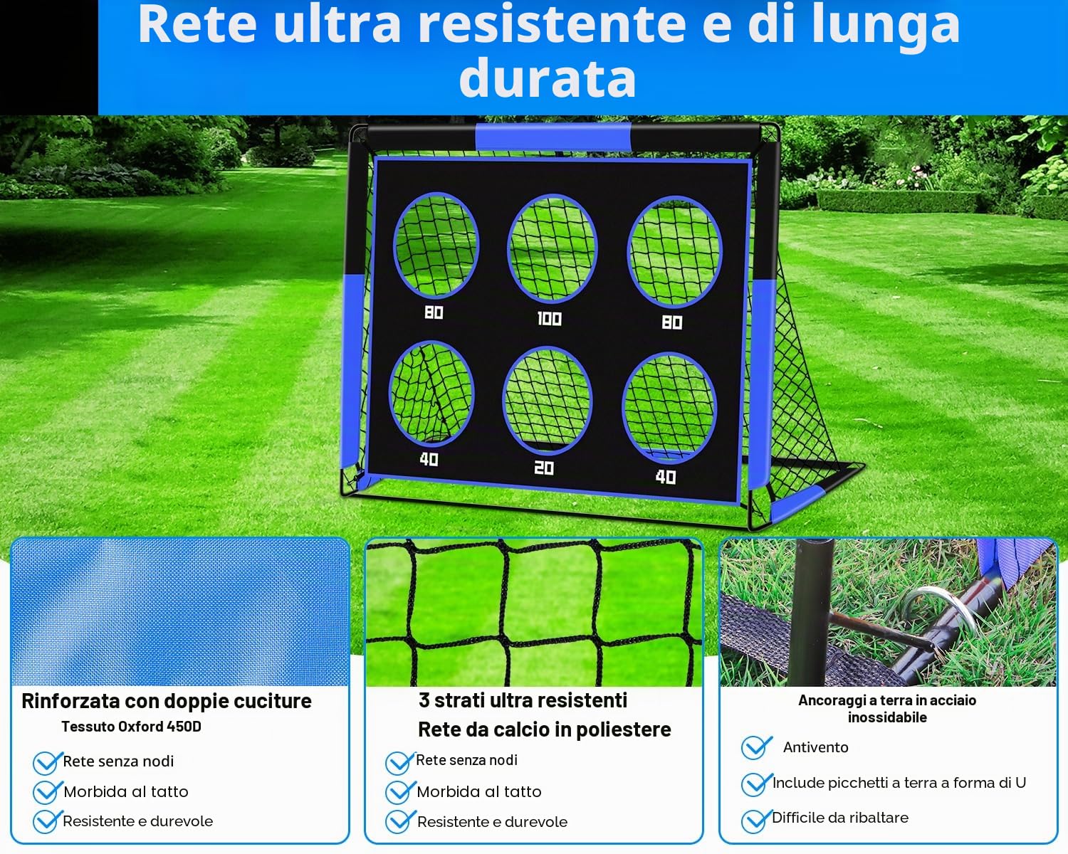 Porta da calcio 2 in 1 con parete con bersagli: porte da calcio pop-up per giardino, bambini e spazi aperti - Porta singola pieghevole con 6 bersagli, borsa per il trasporto per parco, spiaggia