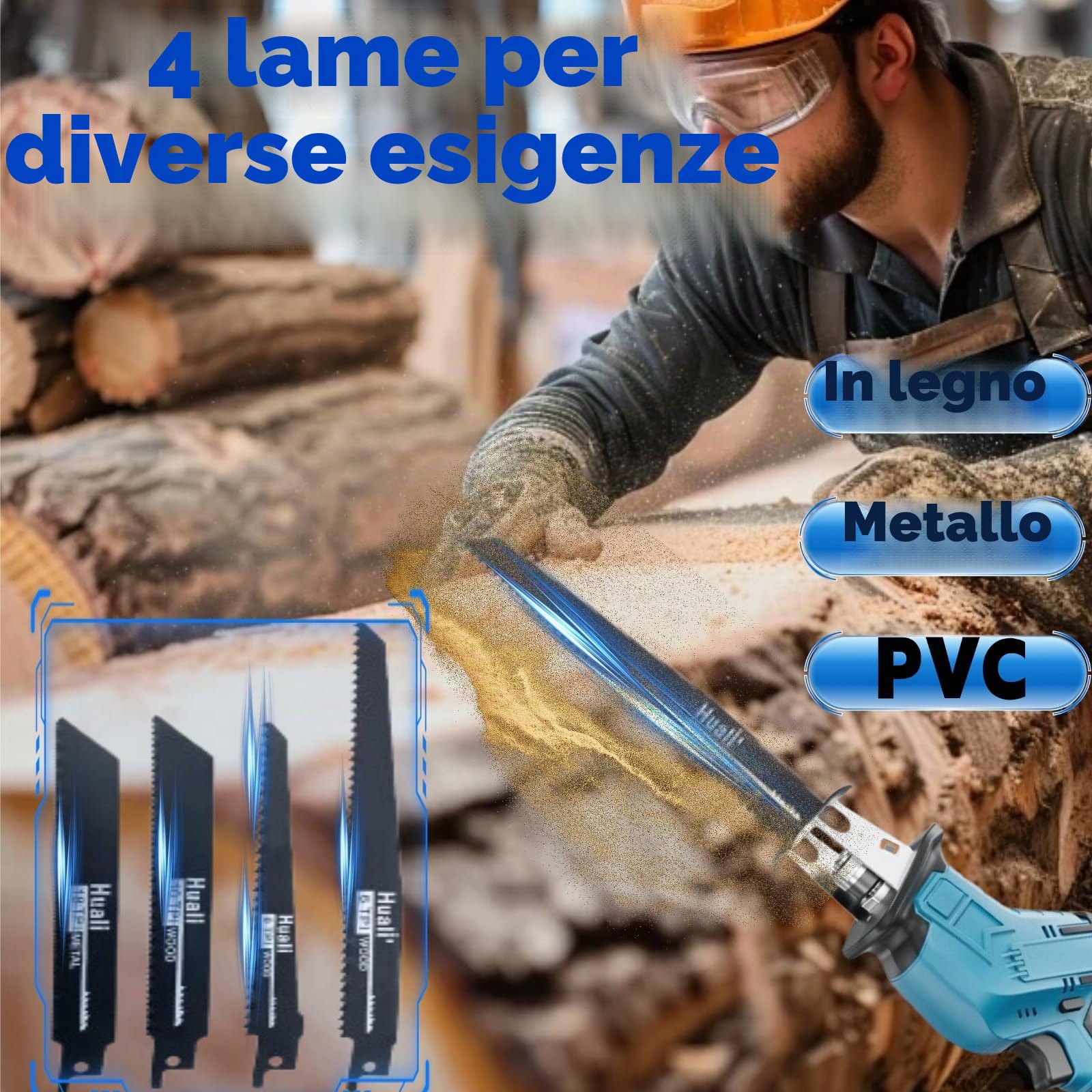 Sega a Gattuccio Batteria 21V con 2 Batterie Caricabatterie 4 Lame Portatili, Motosega a Batteria con Luce LED, Sega Alternativa a Velocità Variabile per Metallo, Legno, Tubi in PVC(2 Batterie)