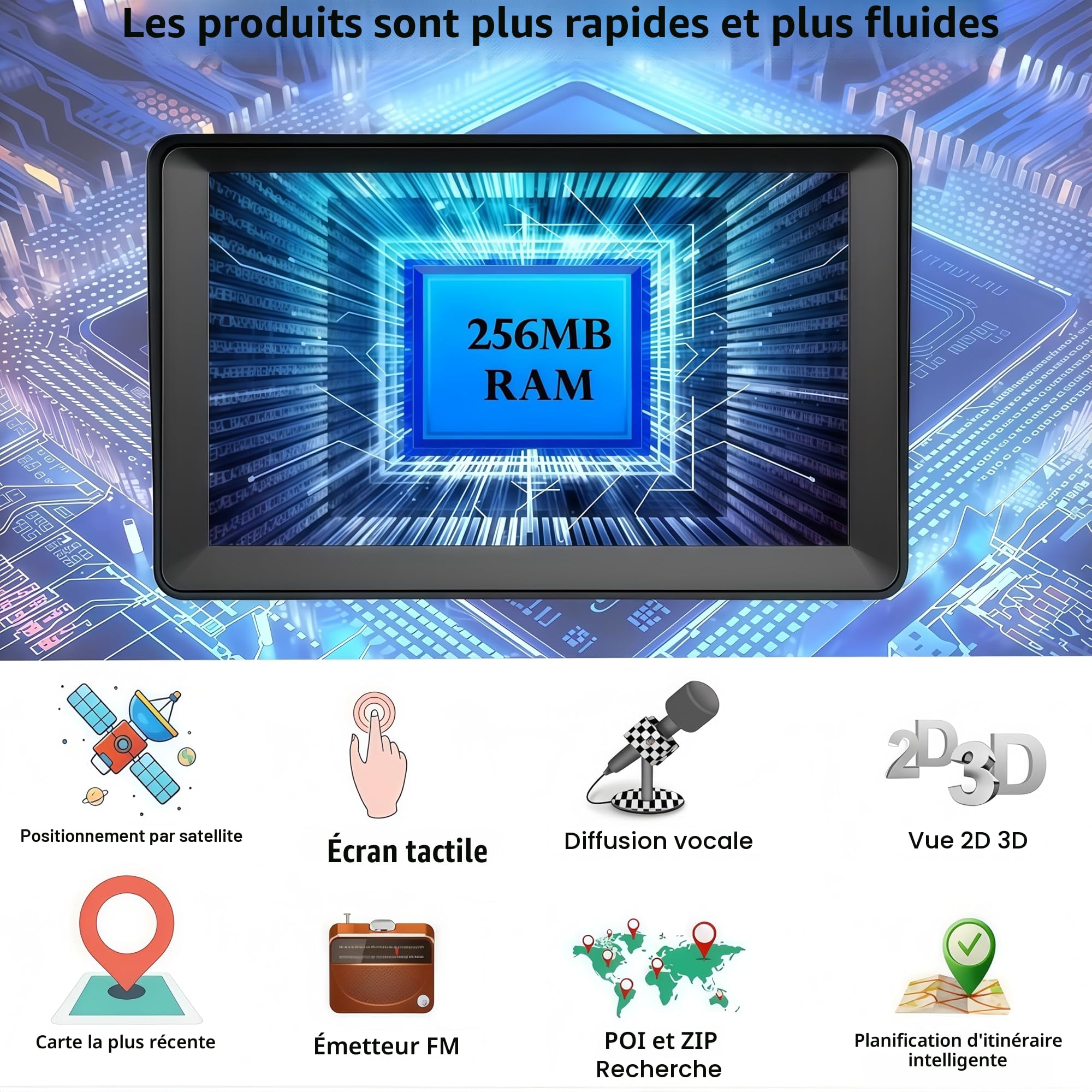 Navigateur GPS, écran tactile 7 pouces Navigation GPS pour voiture, camion, camping-car, avec informations trafic, carte de l'Europe 2025, mises à jour gratuites à vie, guidage vocal en temps réel