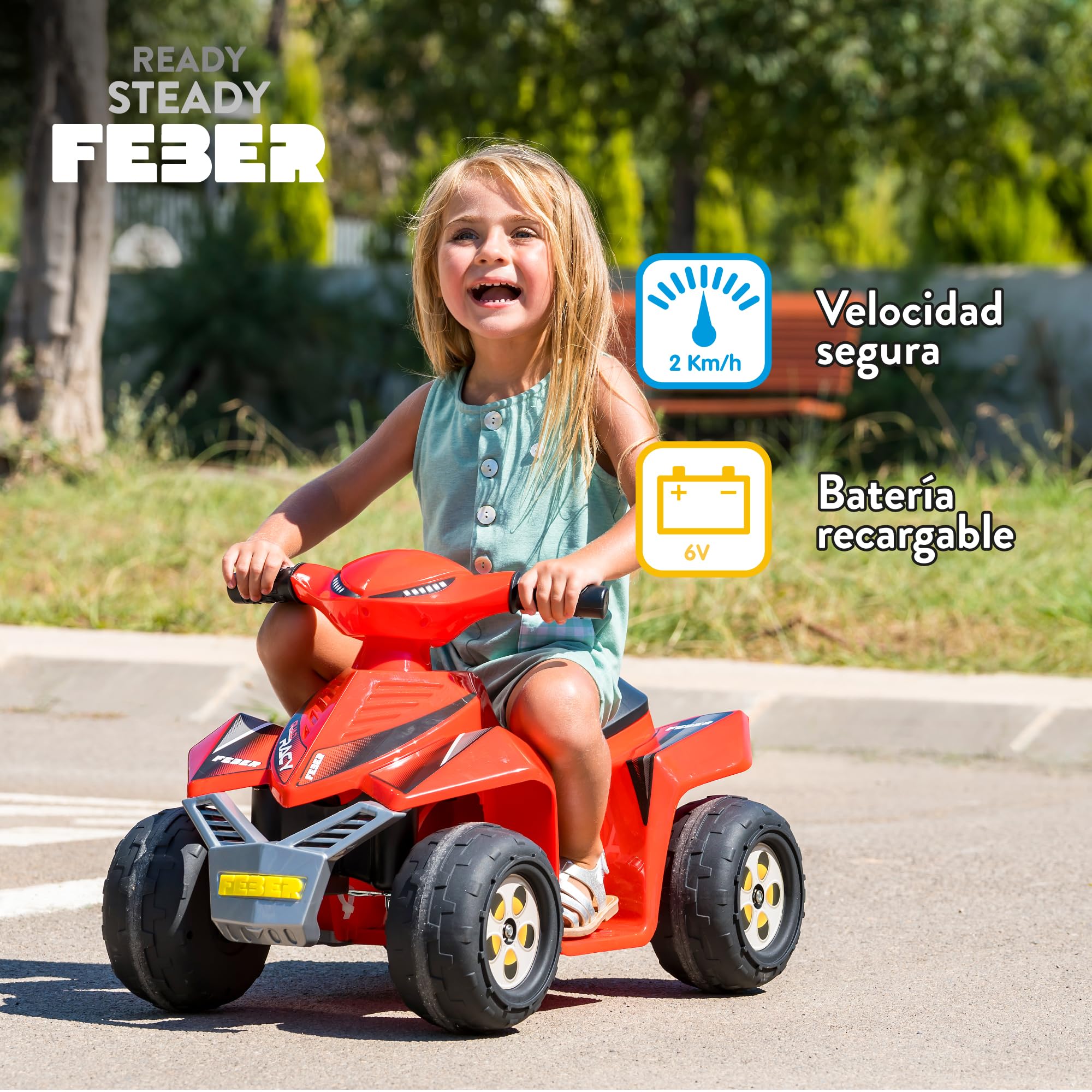 FEBER - Quad Racy 6V, voiture électrique pour enfants de 18 mois à 3 ans, avec accélérateur, grandes roues robustes pour plus de stabilité, autonomie jusqu'à 40 min, chargeur inclus, Famosa (FEN48000)