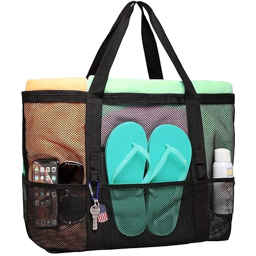 F-color Mesh Beach Bag, Oversize Beach Tote 9 Pockets Beach Towel Bag, Black