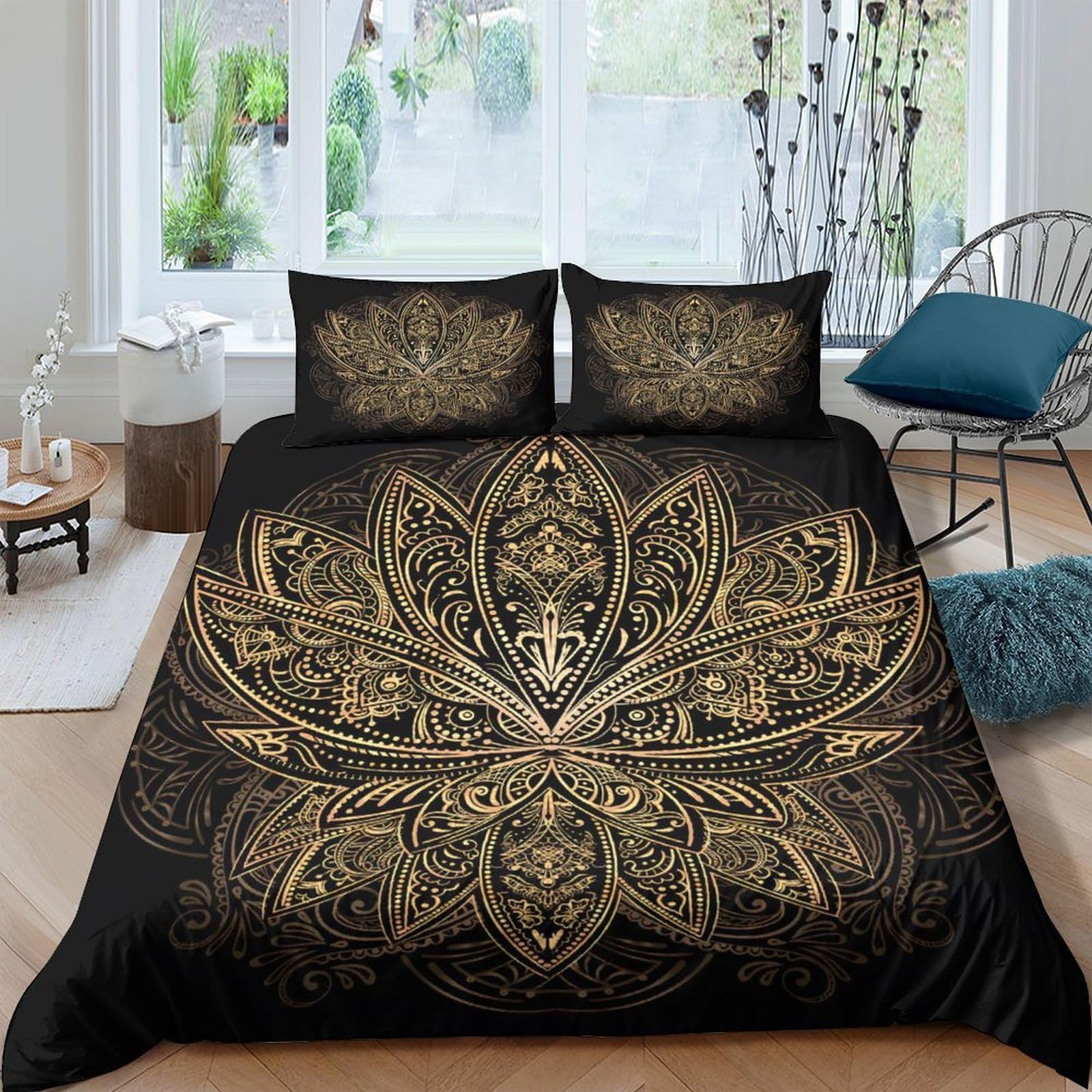Ctjqhvkz Style-3 3D Printed Mandala Pattern Fitted Sheet Microfiber Black Gold Boho Lotus Bed Cover For Bedroom Guest Room Mattress Protection Single（135X200cm）