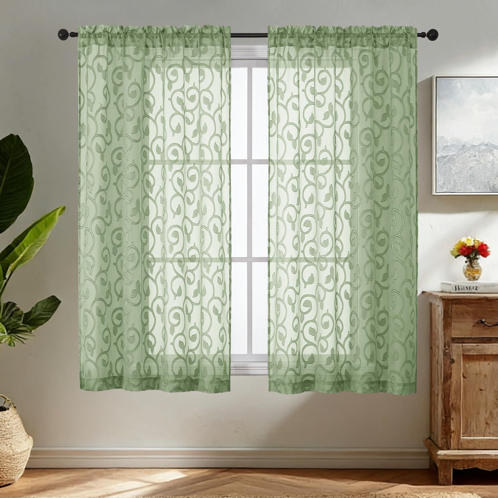 Simplebrand Sage Green Sheer Voile Curtains with Embroidered Pattern, 2 Panels 140x163cm, Dual Rod Pocket Light Filtering Bedroom Window Curtains