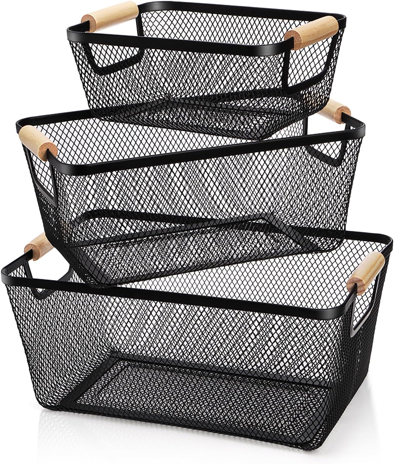 3 Pack Metal Mesh Basket with Wooden Handle, Farmhouse Wire Steel Storage Bins, Rectangle Fruit Vegetable Organizer Containers for Home Cabinet Pantry Kitchen Decor, Snack Gift (Black, 3 Size)
