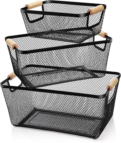 Noamus 3 Pack Metal Mesh Basket with Wooden Handle, Farmhouse