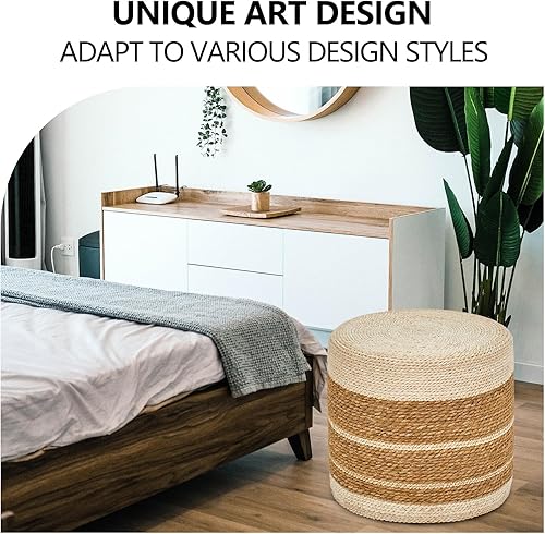 Miniatura 24 de Wimarsbon Puf otomano de 18 pulgadas, puf trenzado natural, puf rústico de tejido a mano, taburete reposapiés bohemio para dormitorio, mesa Cáscara