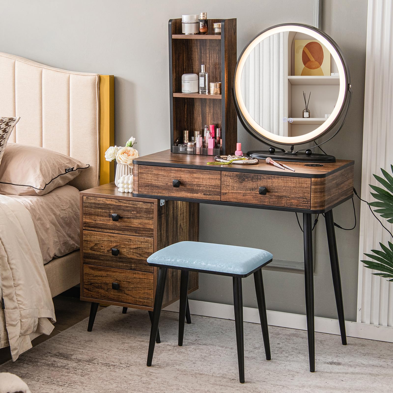 Byroce Vanity Desk with Mirror & Lights, Dressing Table Set with 3-Color Touch Screen, Charging Station, Human Body Induction, Open Shelves & 5 Drawers, Bedroom Makeup Vanity Table with Stool