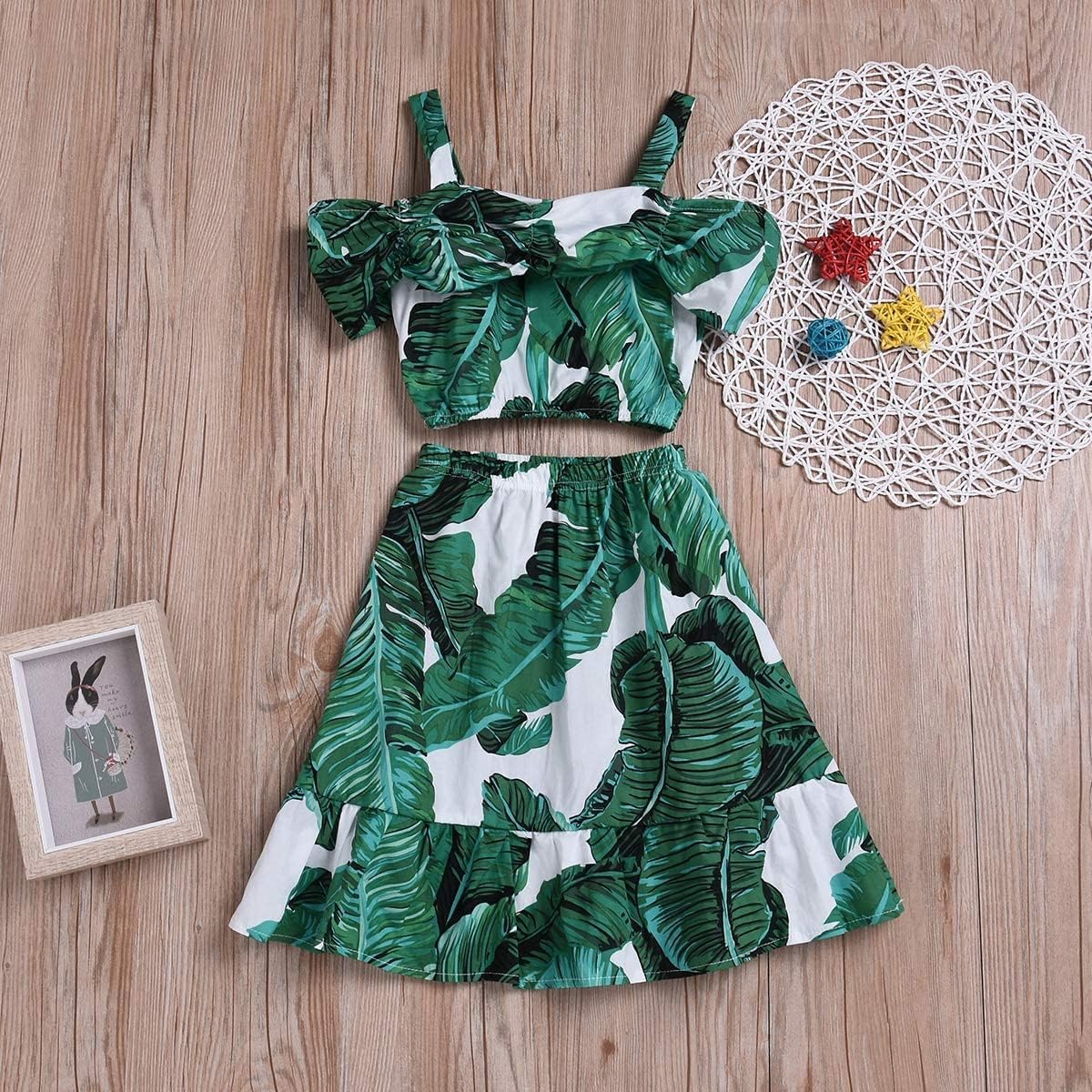 BOEBNOZCV Toddler Baby Girl Strap Banana Leaf Print Strappy Cold Shoulder Cropped Top + Long Skirts Outfits Clothes Set (Banana Leaf, 7T)