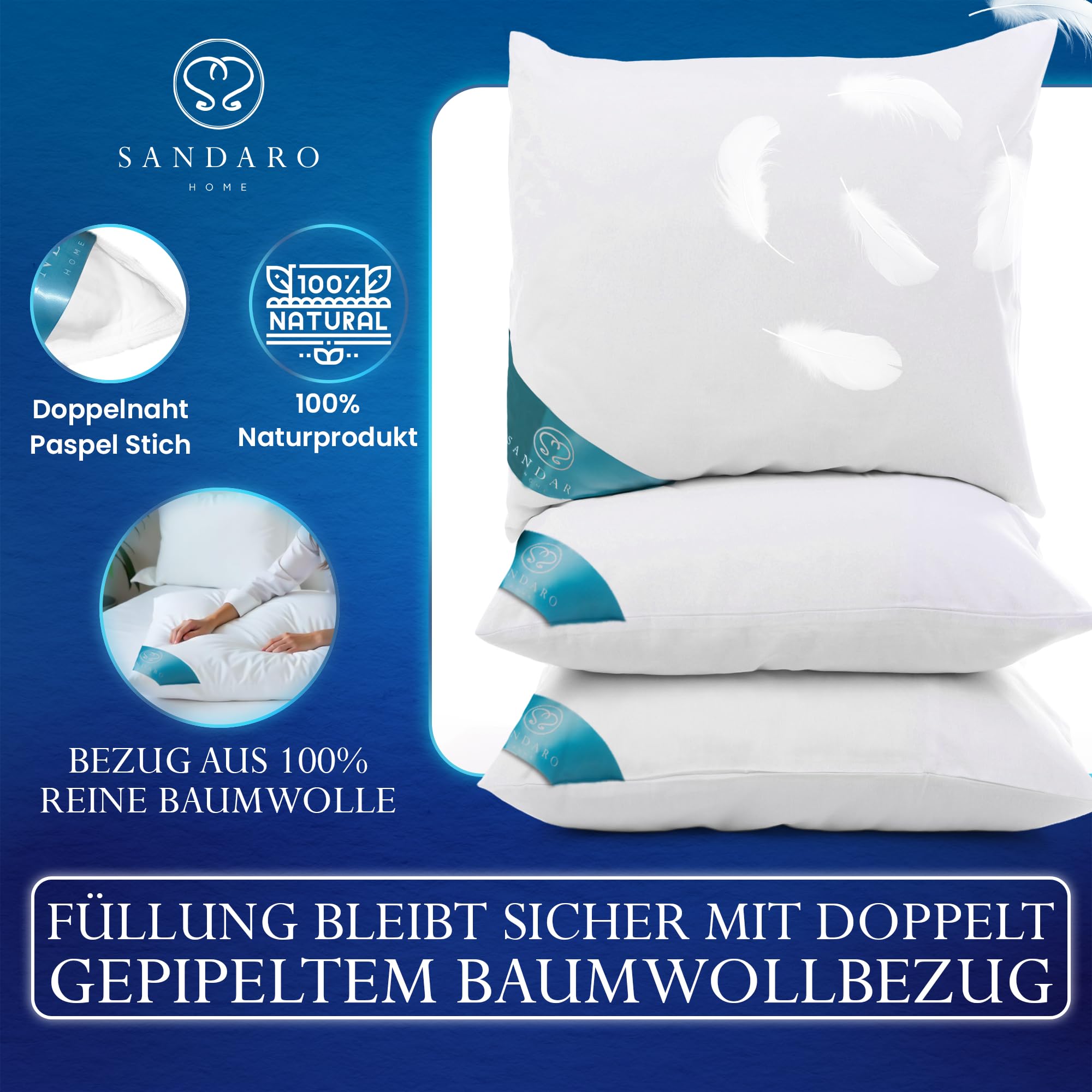 Kopfkissen 80x80 Federn Und Daunen 2er-Set – Allergiker Freundlich, Oeko-Tex Zertifiziert – Atmungsaktiver Bezug Aus 100% Baumwolle – Langlebiges, Stützendes Bettkissen Für Erholsamen Schlaf