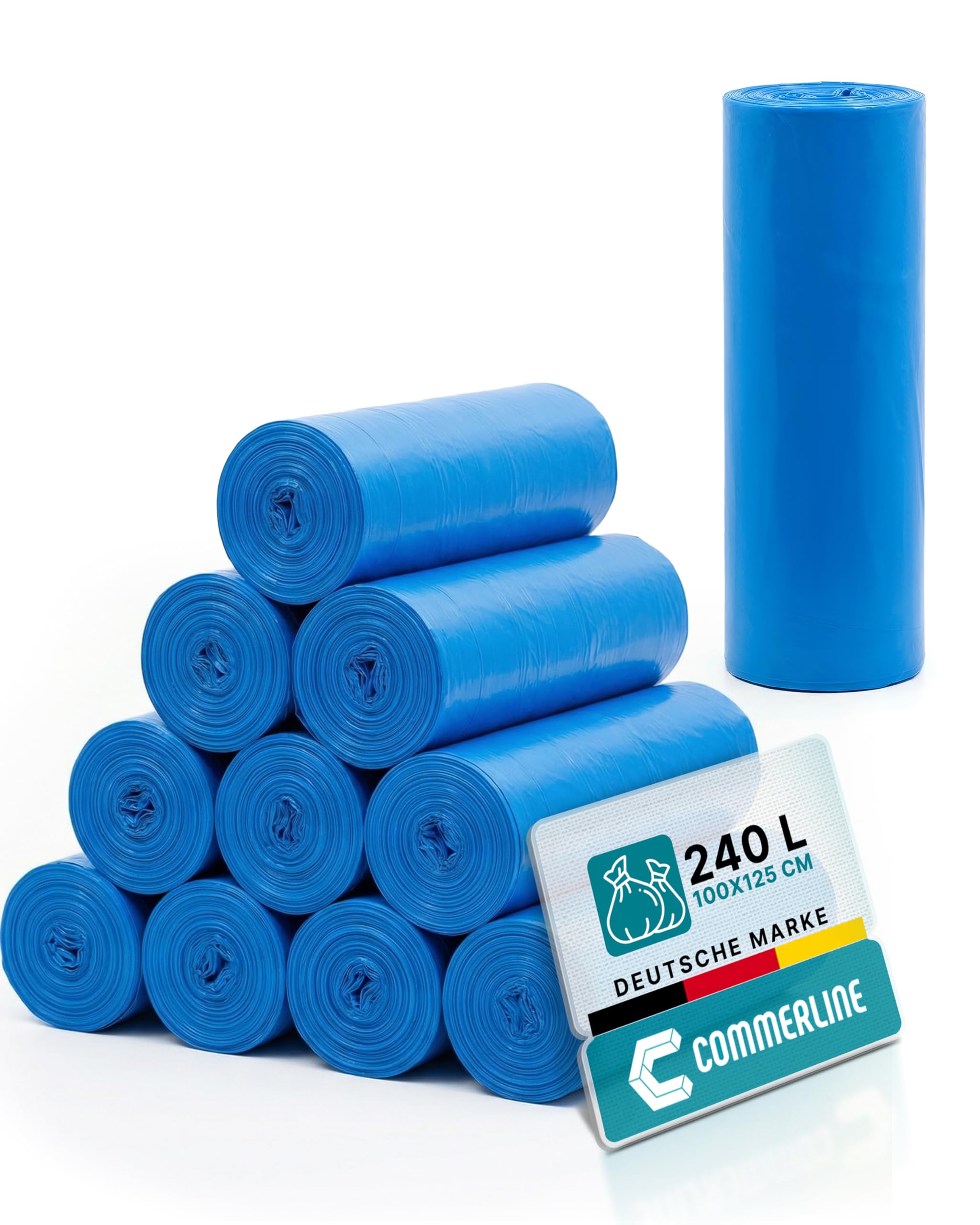 Commerline Bolsas de basura de 240 l, 10 rollos (100 unidades), color azul, 125 x 100 cm, resistentes a roturas y a prueba de fugas, para el hogar, oficina, comercio y gastronomía