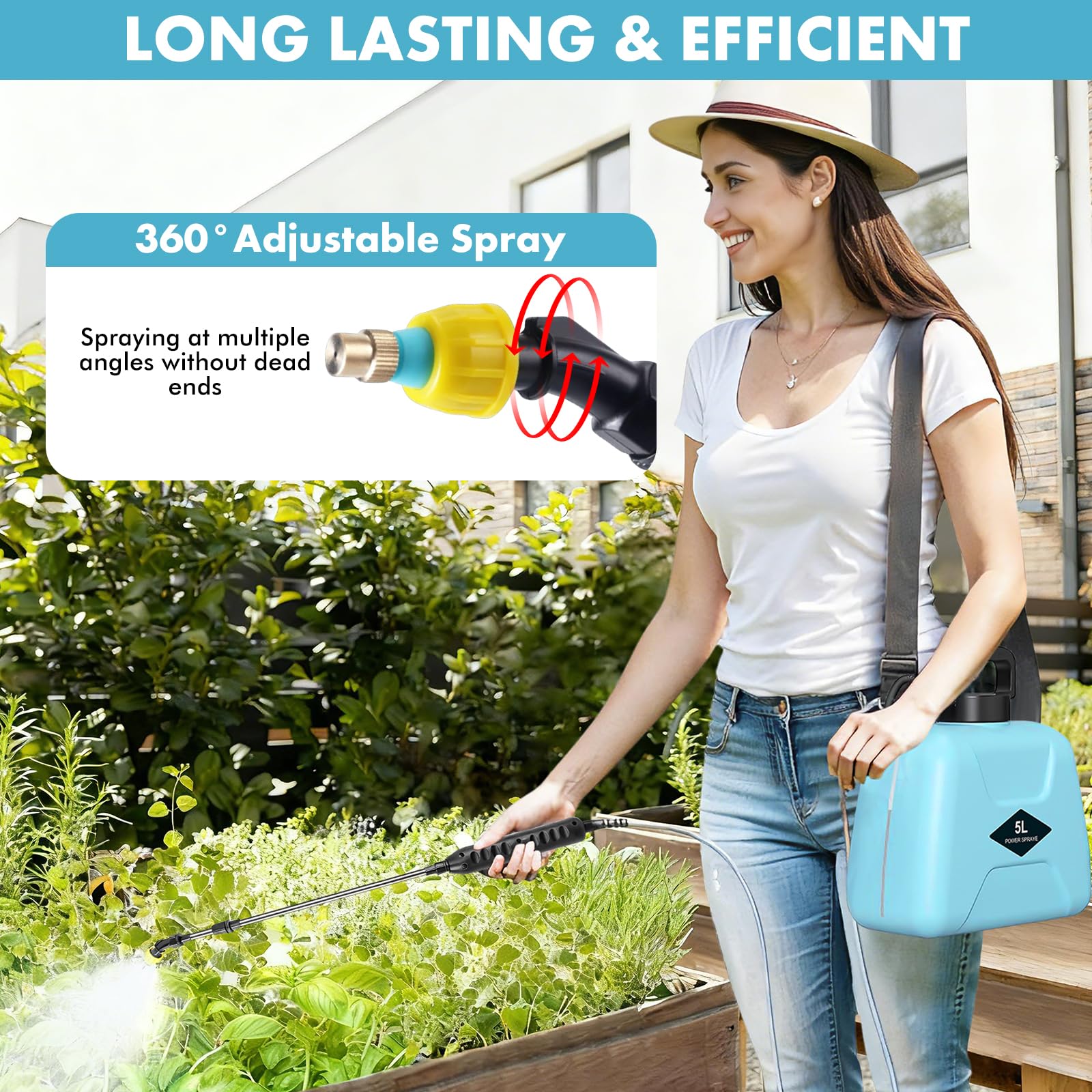 Nikou Pulverizador Eléctrico para Plantas 5 litros, Pulverizador de Mochila a Presión Sulfatadora a Batería Recargable con 3 Boquillas, Varilla Telescópica, para Jardín Huerto Riego
