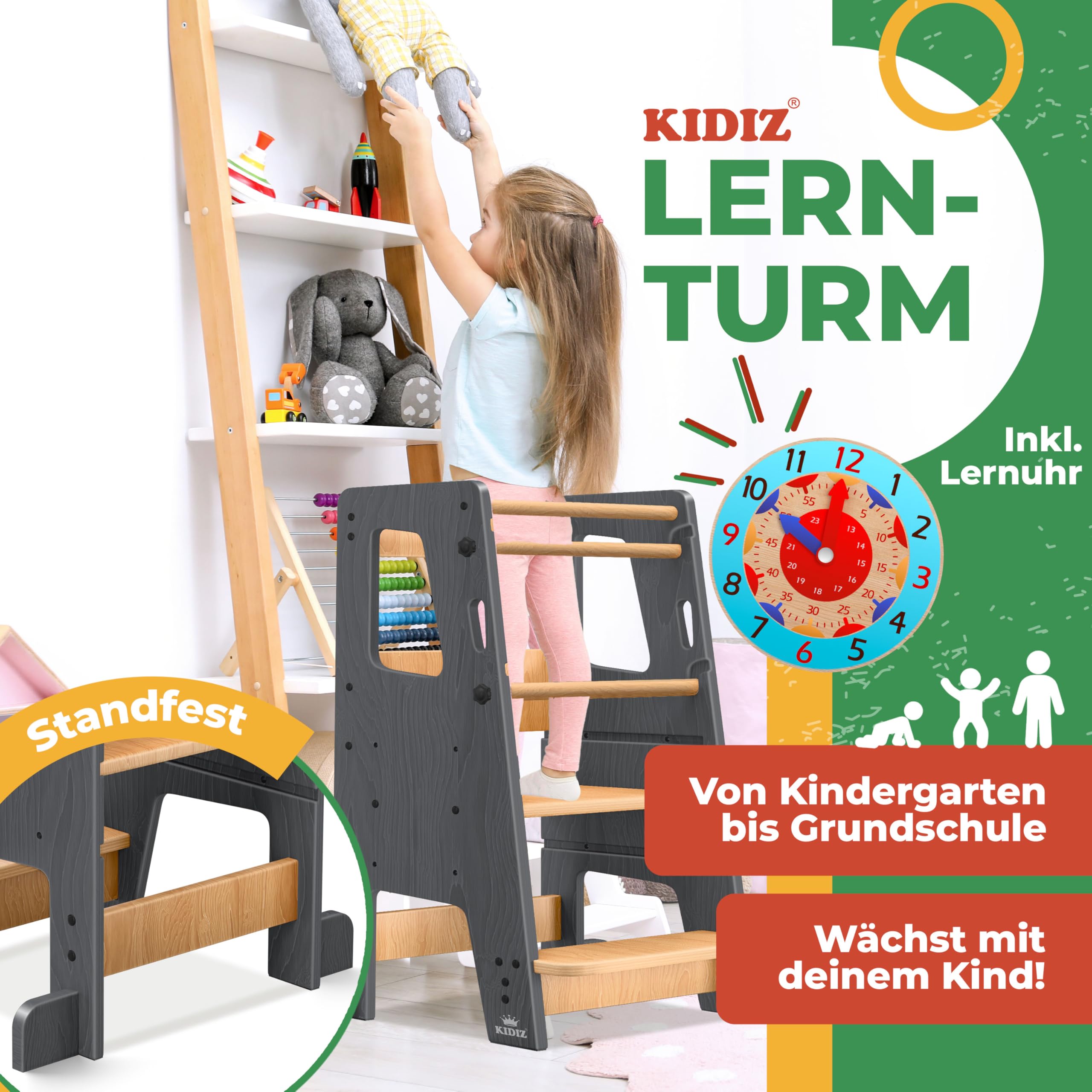 KIDIZ® Lernturm für Kinder ab 1 Jahr inkl. Lernuhr | 3-stufig Höhenverstellbarer Tritthocker aus Kiefernholz | spielerisch motorische Fähigkeiten fördern Montessori Learning Tower bis 50 kg belastbar